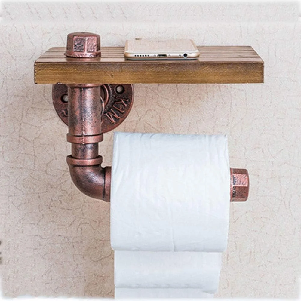جا دستمال کاغذی دیواری با قفسه چوبی، لوله صنعتی قدیمی، نگهدارنده رول دستمال کاغذی برای نگهداری حمام، 8 اینچ (مسی قرمز)