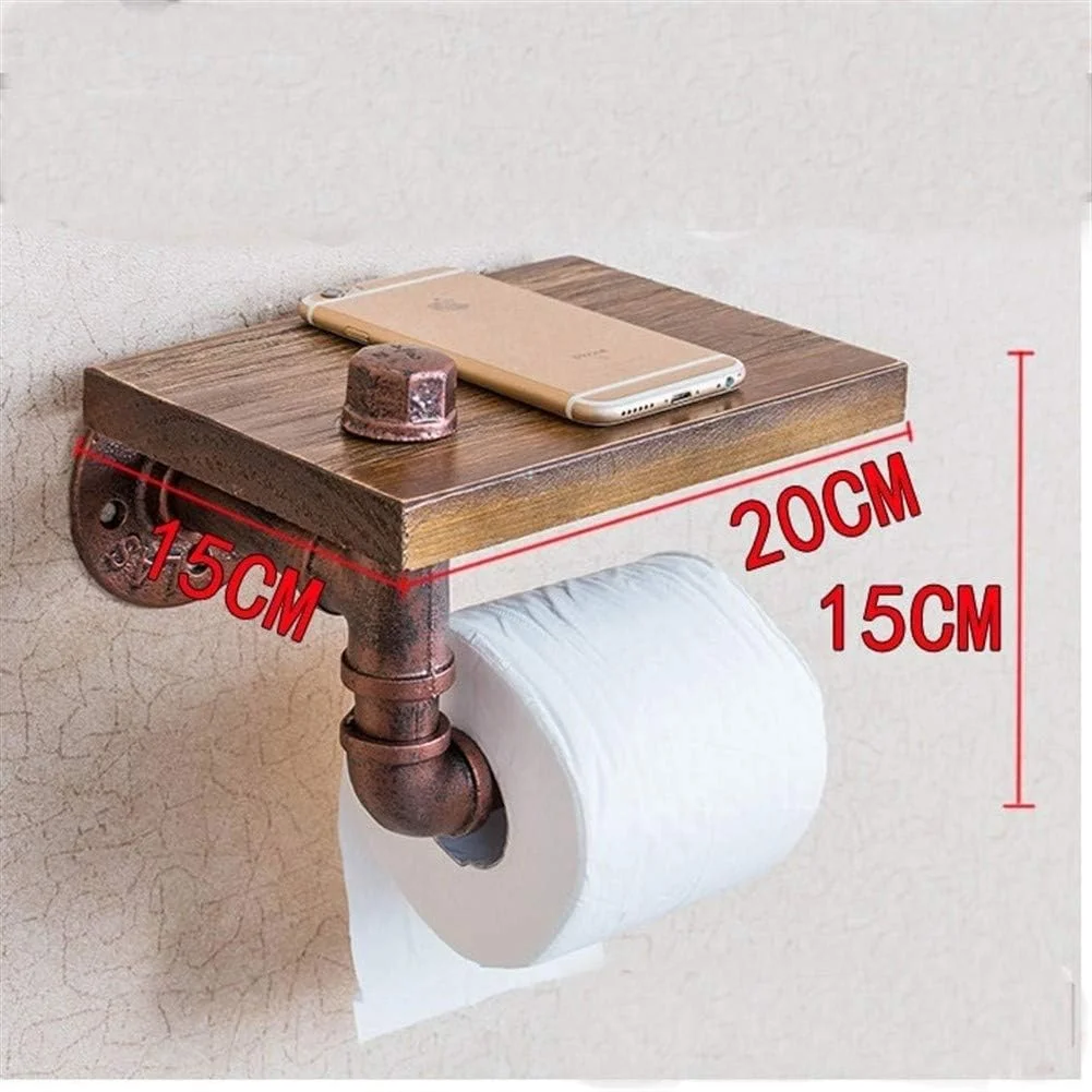 جا دستمال کاغذی دیواری با قفسه چوبی، لوله صنعتی قدیمی، نگهدارنده رول دستمال کاغذی برای نگهداری حمام، 8 اینچ (مسی قرمز)