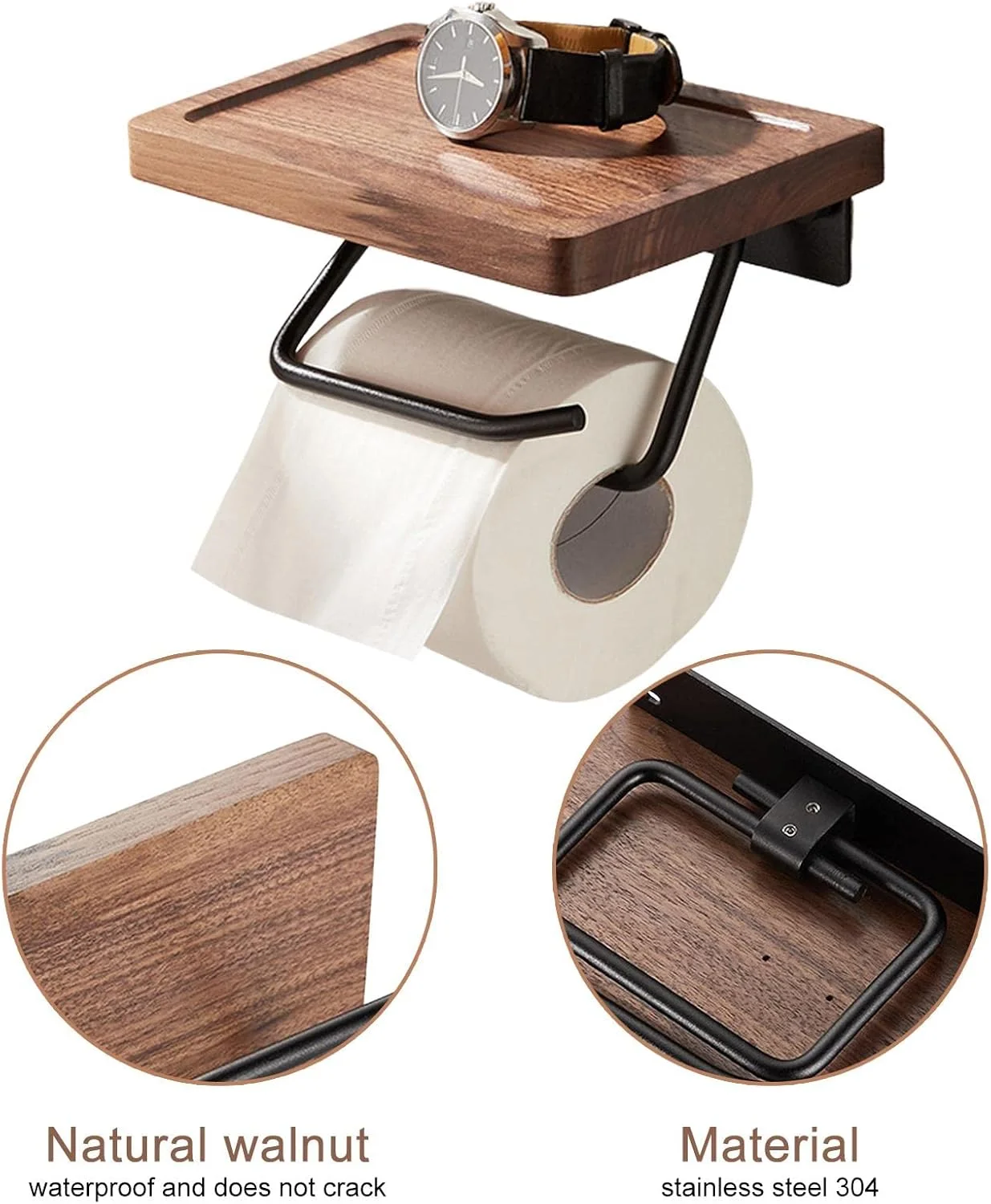 جا دستمال کاغذی دیواری، جا رولی دستمال توالت دیواری با قفسه ذخیره سازی | جا رولی دستمال توالت دیواری با قفسه چوبی Weizai