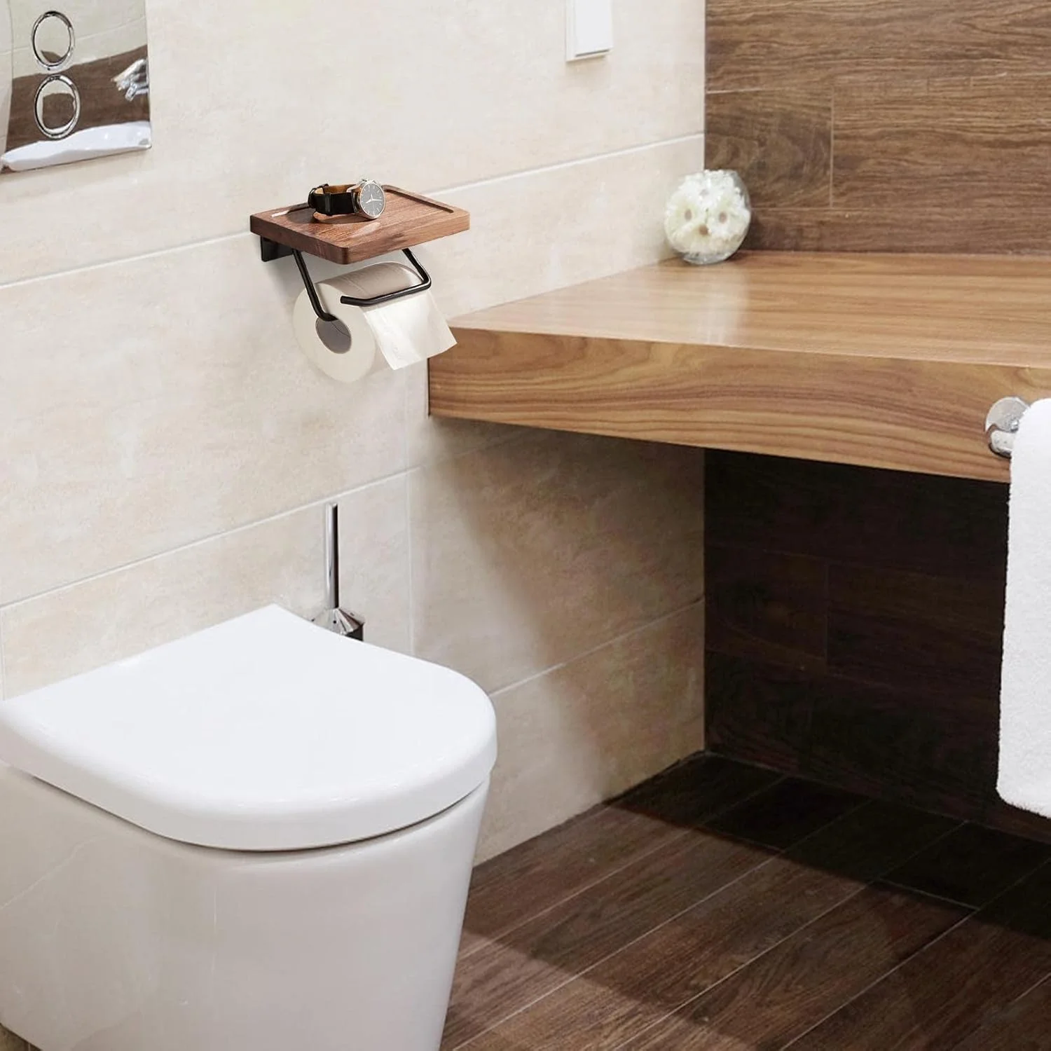 جا دستمال کاغذی دیواری، جا رولی دستمال توالت دیواری با قفسه ذخیره سازی | جا رولی دستمال توالت دیواری با قفسه چوبی Weizai