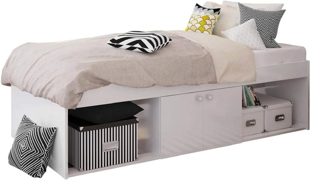 ای تو زد فرنیچر - تخت خواب یک نفره کابین دار با فضای ذخیره سازی پایین، رنگ سفید به همراه تشک ای تو زد فرنیچر - تخت خواب یک نفره کابین دار با فضای ذخیره سازی پایین، رنگ سفید به همراه تشک