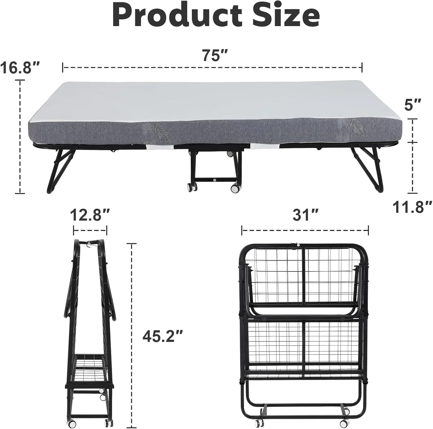 تخت تاشو با تشک، تخت خواب قابل حمل برای بزرگسالان با تشک فوم حافظه دار 5 اینچی و قاب تخت فلزی، تخت مهمان مناسب برای اتاق نشیمن، تخت خواب چرخدار اداری، 75" x 31" تخت تاشو با تشک، تخت خواب قابل حمل برای بزرگسالان با تشک فوم حافظه دار 5 اینچی و قاب تخت فلزی، تخت مهمان مناسب برای اتاق نشیمن، تخت خواب چرخدار اداری، 75" x 31"