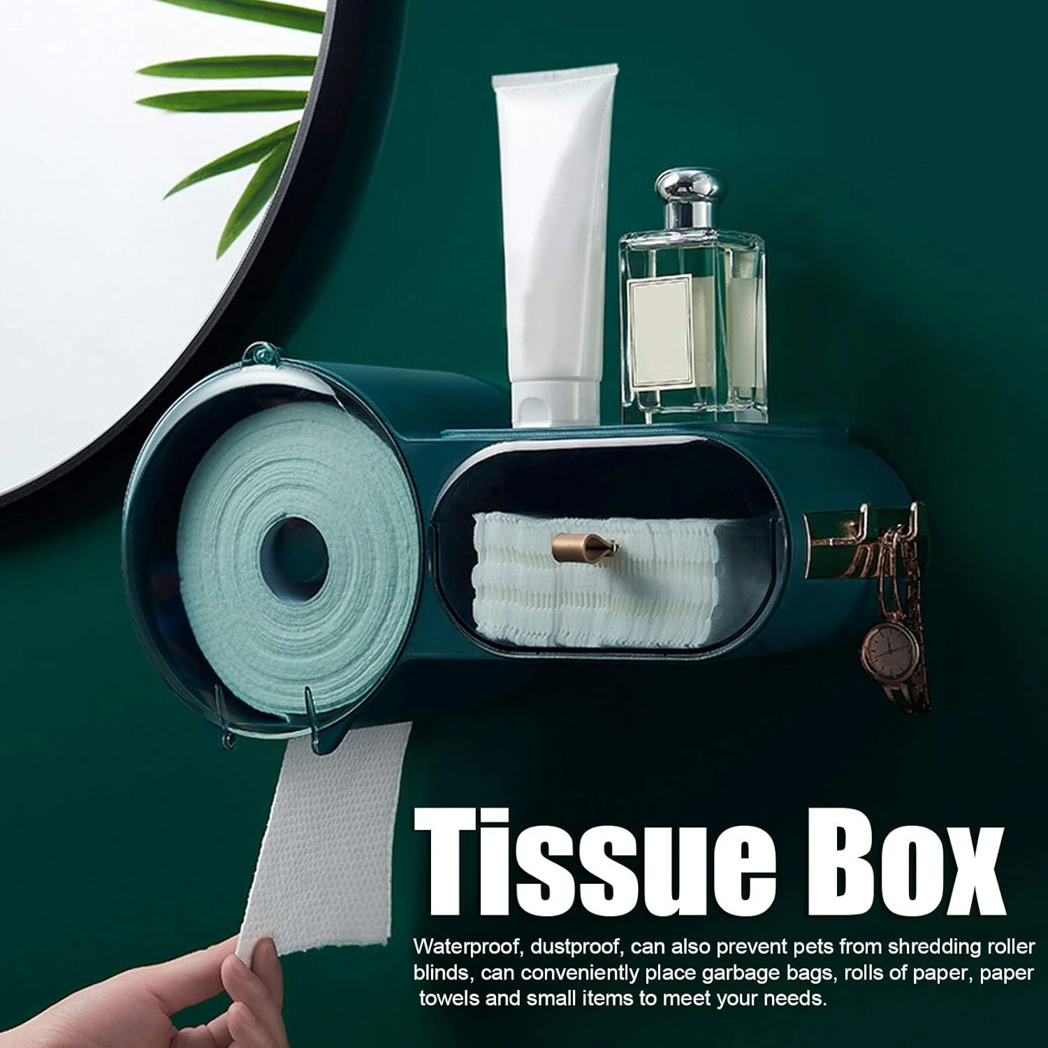 جا دستمال کاغذی توالت، جعبه نگهدارنده دستمال کاغذی ضد آب خود چسب دیواری با قلاب آویز حوله، پخش کننده ذخیره سازی رول دستمال توالت (سبز گرد)