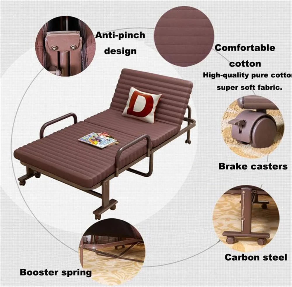 تخت مهمان تاشو XRTLYH با تشک، تشک دوقلو 3.5 اینچی تاشو، تخت خواب یک نفره قابل حمل با چرخ برای کمپینگ، دفتر کار، چرت زدن، تخت مهمان قابل تنظیم (قهوه ای)