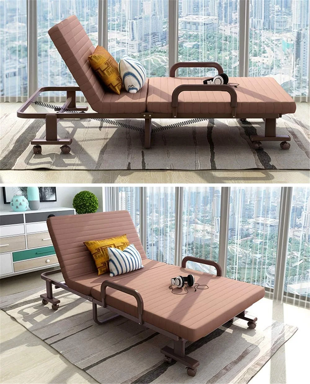 تخت مهمان تاشو XRTLYH با تشک، تشک دوقلو 3.5 اینچی تاشو، تخت خواب یک نفره قابل حمل با چرخ برای کمپینگ، دفتر کار، چرت زدن، تخت مهمان قابل تنظیم (قهوه ای)