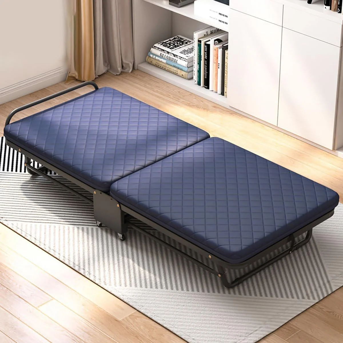 Emirates Living Folding Bed with Mattress–6-Position Adjustable Rollaway Bed with Sponge Cushion,Plywood Base, Iron Frame &Rubber Lockable Wheels Portable, Space Saver for Home,Travel (BLue)