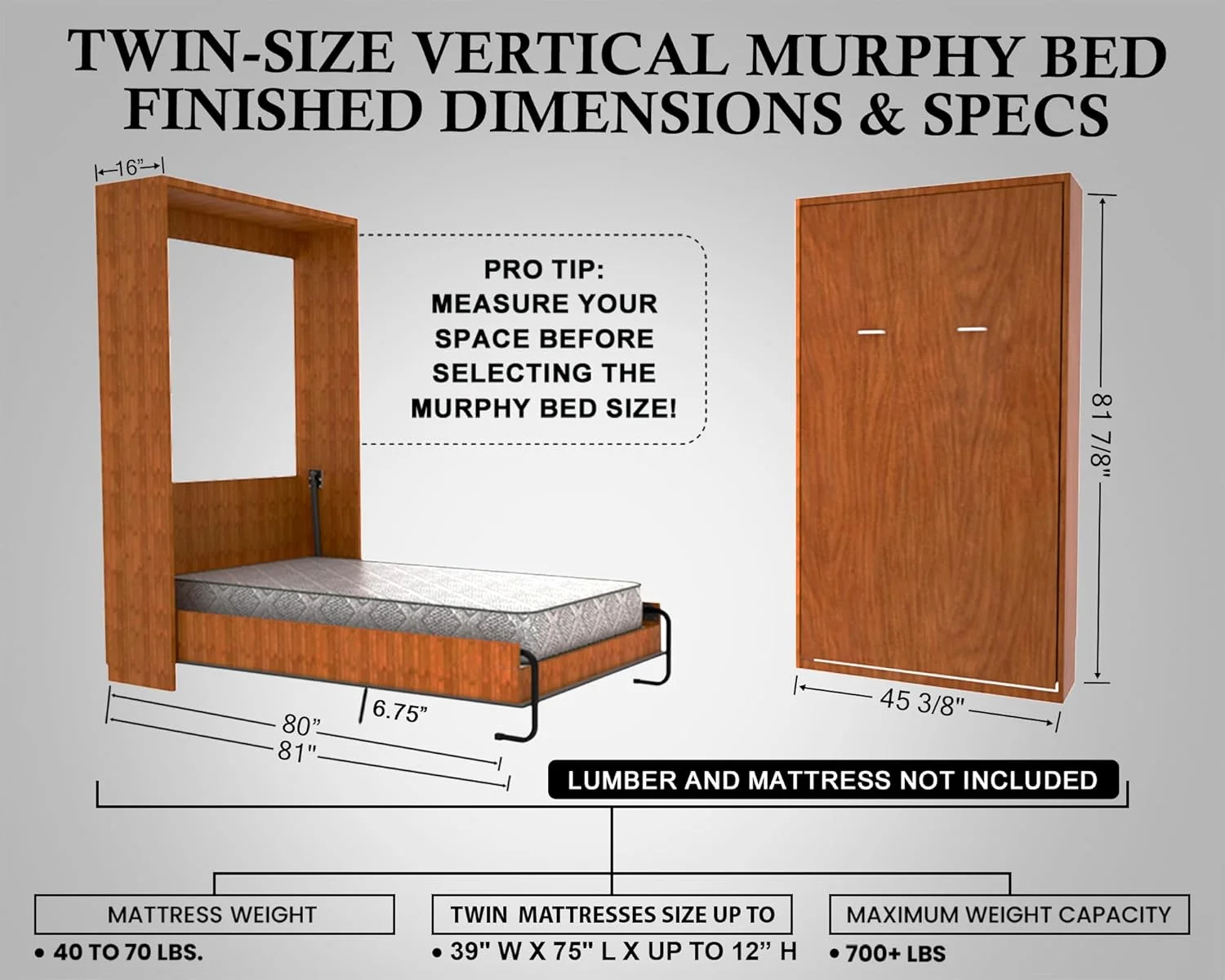 Easy DIY Murphy Bed Twin Size Hardware Kit - Twin - Vertical Wood Frame Folding Cabinet Wall for Guestroom to Build, Made in USA Easy DIY Murphy Bed Twin Size Hardware Kit - Twin - Vertical Wood Frame Folding Cabinet Wall for Guestroom to Build, Made in USA