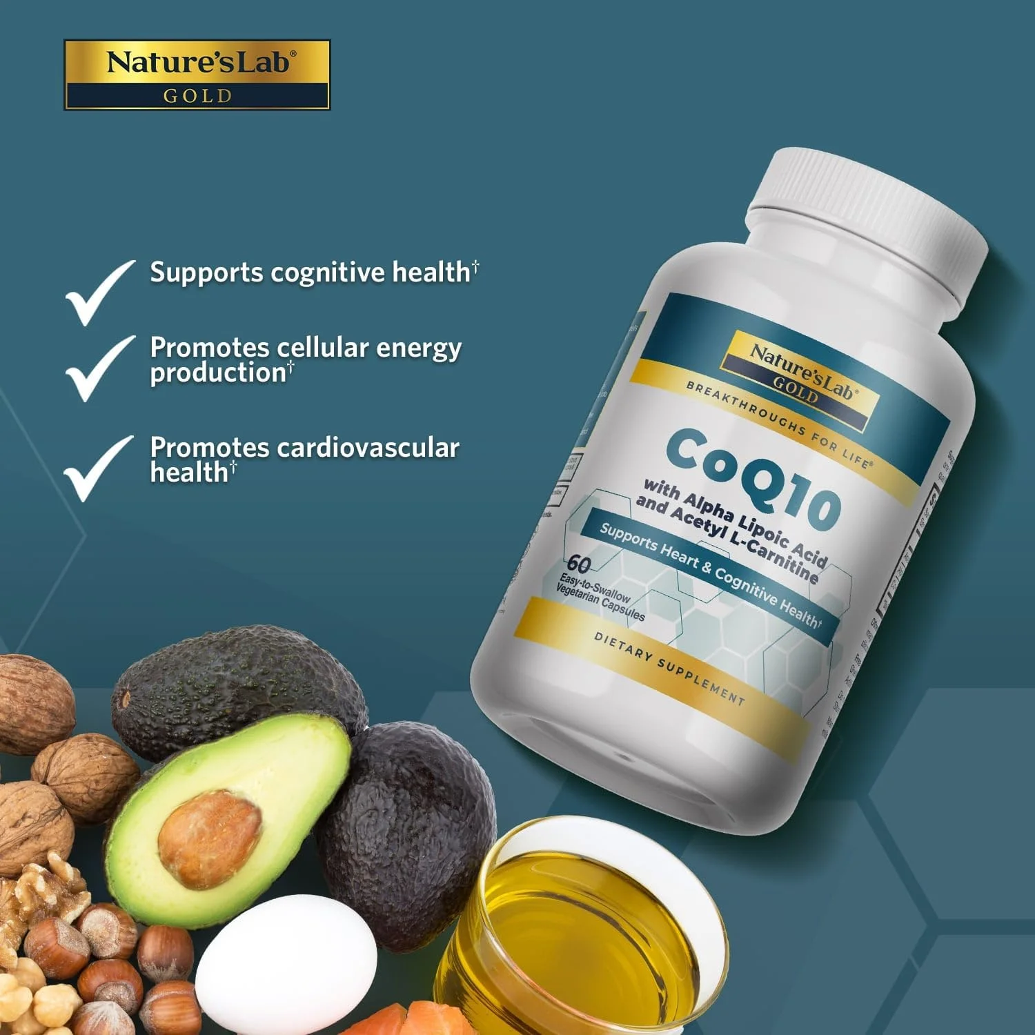 Nature's Lab CoQ10 + آلفا لیپوئیک اسید + استیل ال-کارنیتین HCl - پشتیبانی از سلامت قلب و شناختی - 60 کپسول (مصرف 1 ماهه)