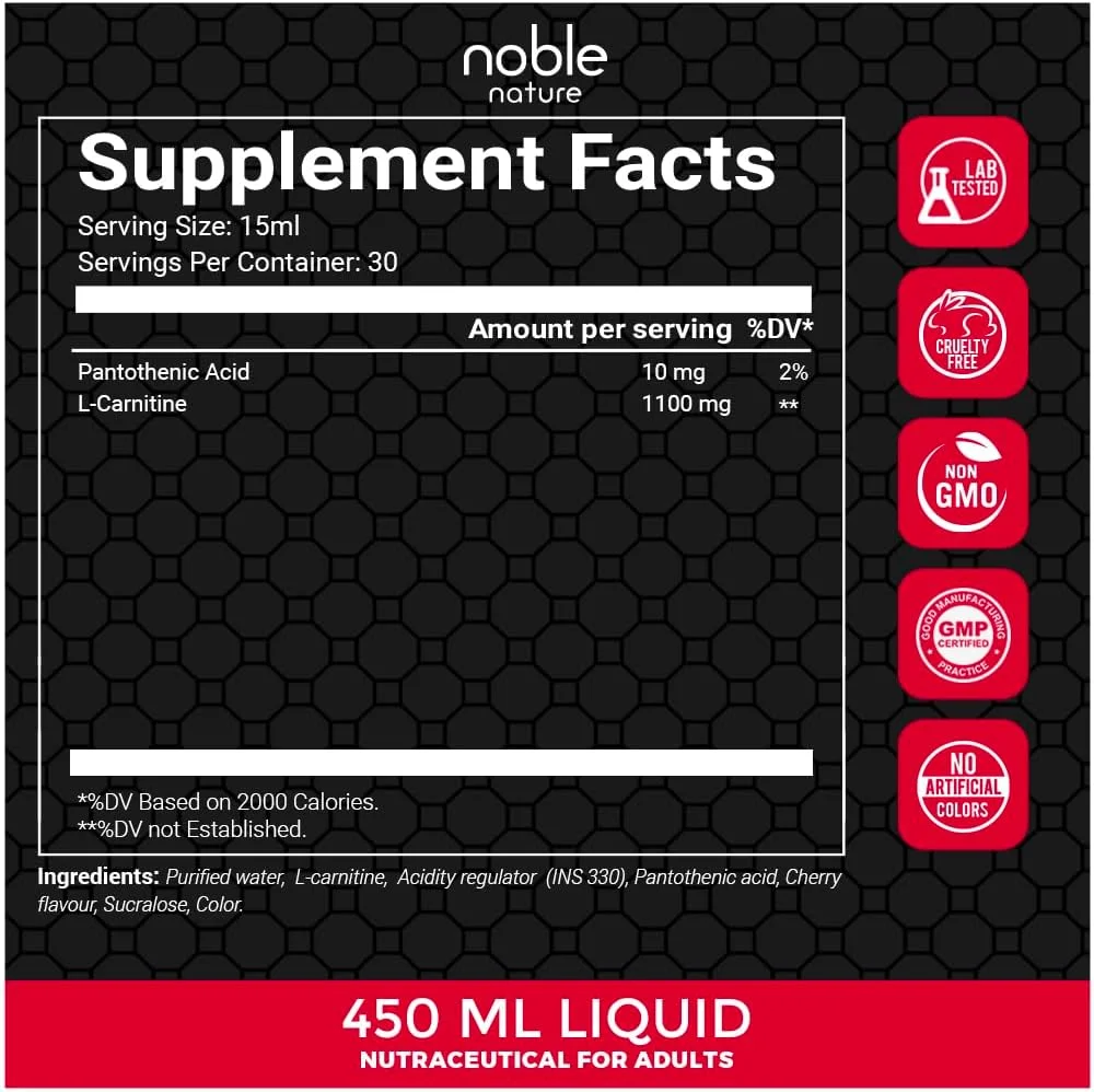 نوبل نیچر ال-کارنیتین مایع با طعم گیلاس: ۴۵۰ میلی لیتر، ۳۰ سروینگ - غنی شده با پانتوتنیک اسید نوبل نیچر ال-کارنیتین مایع با طعم گیلاس: ۴۵۰ میلی لیتر، ۳۰ سروینگ - غنی شده با پانتوتنیک اسید