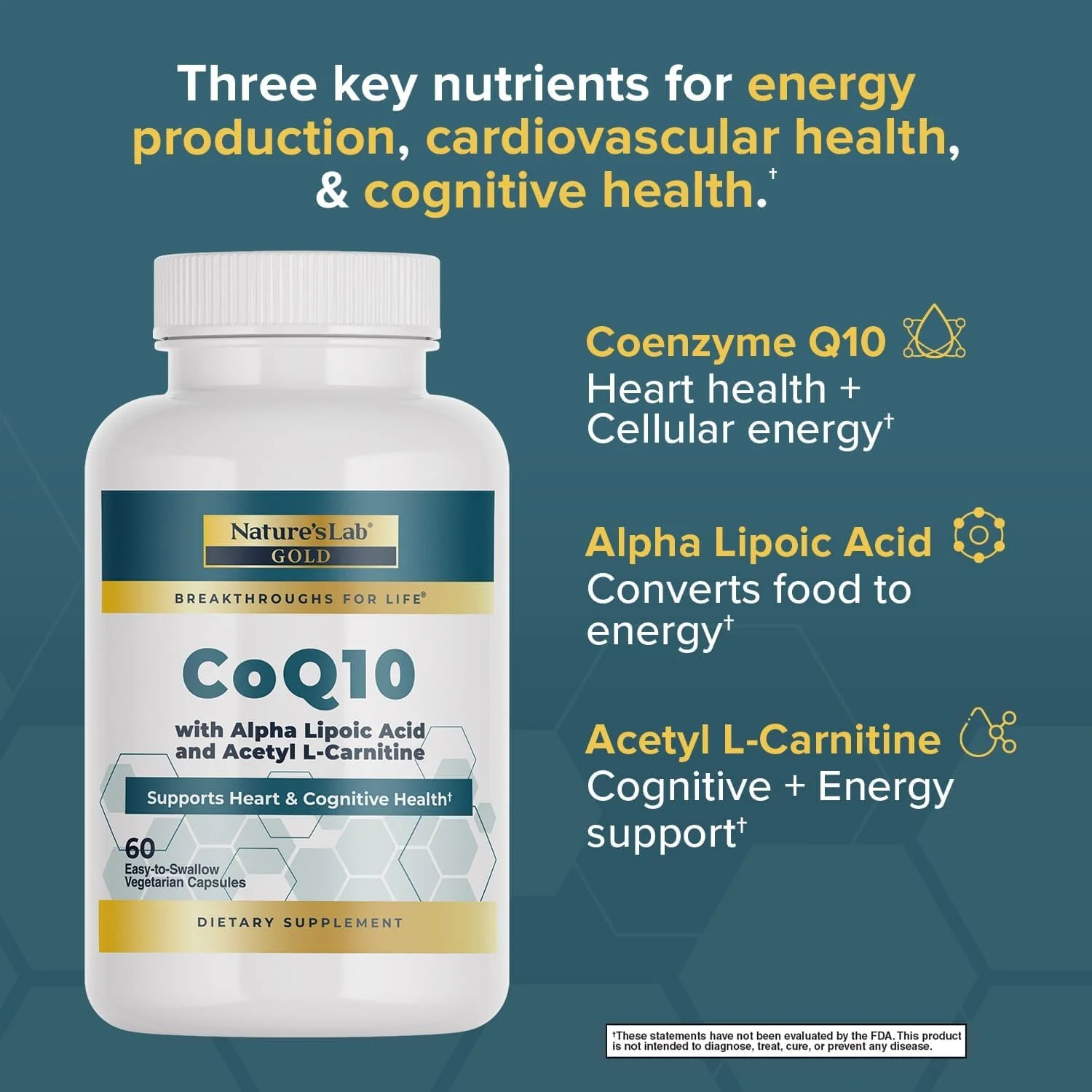 Nature's Lab CoQ10 + آلفا لیپوئیک اسید + استیل ال-کارنیتین HCl - پشتیبانی از سلامت قلب و شناختی - 60 کپسول (مصرف 1 ماهه)