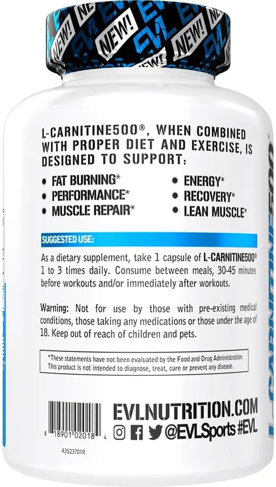 Evlution Nutrition L-Carnitine500 500 mg of Pure L Carnitine in Each Serving Stimulant-Free Capsules (120 Servings) Evlution Nutrition L-Carnitine500 500 mg of Pure L Carnitine in Each Serving Stimulant-Free Capsules (120 Servings)