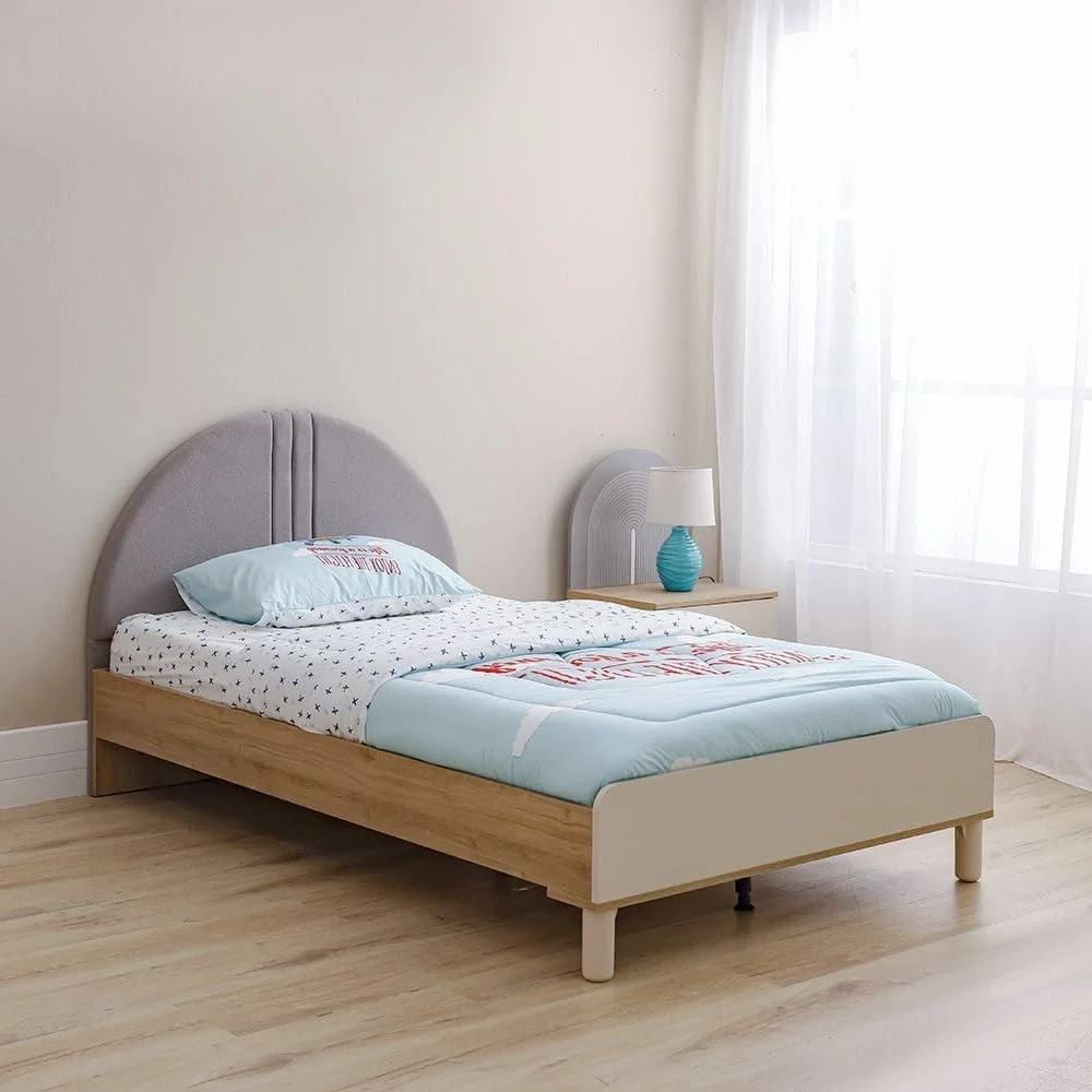 تخت خواب 120x200 زتا دانوب هوم با تاج تخت روکش دار و USB | مبلمان تخت خواب یک نفره چوبی با طراحی مدرن | تخت خواب راحت (تشک شامل نمی شود) - سفید مایل به کرم و خاکستری