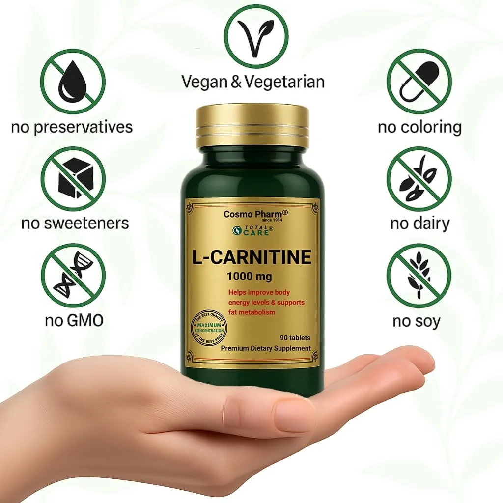 کپسول کوسمو فارم ال-کارنیتین 1000 میلی گرم - 90 عدد قرص روکش دار گیاهی - برچسب پاک - روزانه 1 عدد قرص - غیر تراریخته، بدون گلوتن، بدون لاکتوز