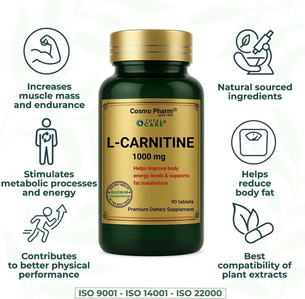 کپسول کوسمو فارم ال-کارنیتین 1000 میلی گرم - 90 عدد قرص روکش دار گیاهی - برچسب پاک - روزانه 1 عدد قرص - غیر تراریخته، بدون گلوتن، بدون لاکتوز