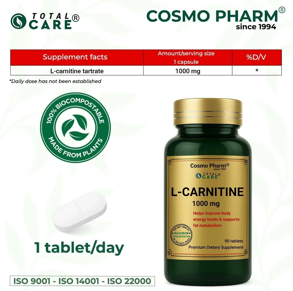 کپسول کوسمو فارم ال-کارنیتین 1000 میلی گرم - 90 عدد قرص روکش دار گیاهی - برچسب پاک - روزانه 1 عدد قرص - غیر تراریخته، بدون گلوتن، بدون لاکتوز