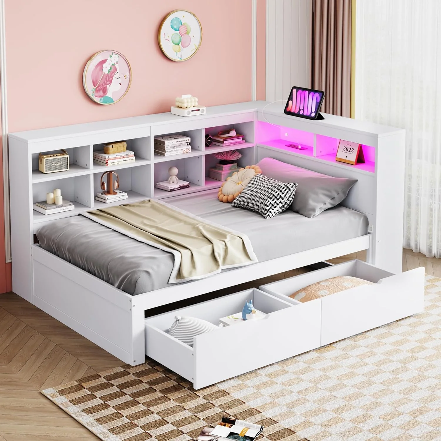 مبل تختخواب شو چوبی جامد YESGIGA ابعاد 90 در 200 سانتی متر، با تختخواب کشویی، با پورت USB و چراغ، دارای قفسه و محفظه های ذخیره سازی، فضای ذخیره سازی فراوان، تختخواب چوبی یک نفره چند منظوره (سفید)