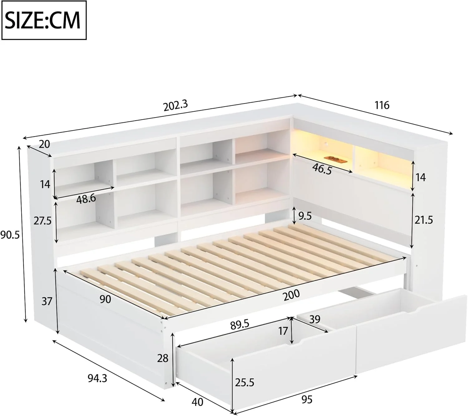مبل تختخواب شو چوبی جامد YESGIGA ابعاد 90 در 200 سانتی متر، با تختخواب کشویی، با پورت USB و چراغ، دارای قفسه و محفظه های ذخیره سازی، فضای ذخیره سازی فراوان، تختخواب چوبی یک نفره چند منظوره (سفید) مبل تختخواب شو چوبی جامد YESGIGA ابعاد 90 در 200 سانتی متر، با تختخواب کشویی، با پورت USB و چراغ، دارای قفسه و محفظه های ذخیره سازی، فضای ذخیره سازی فراوان، تختخواب چوبی یک نفره چند منظوره (سفید)