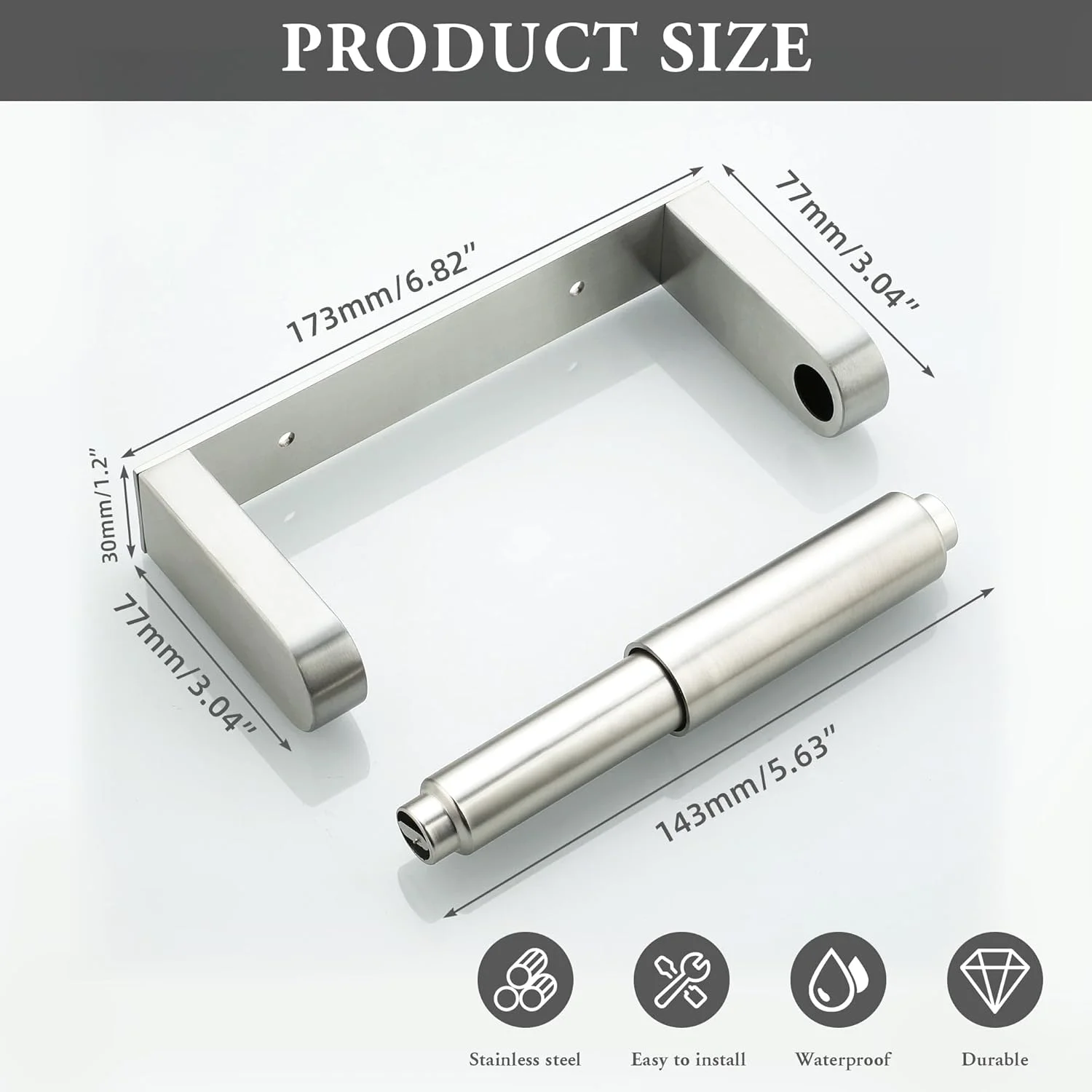جا دستمال کاغذی استیل 304 موچه، 17.3 سانتی متر، با میله فنری برای تعویض آسان رول دستمال توالت، 2 روش نصب - چسب یا پیچ با پوشش مخفی، پرداخت شده