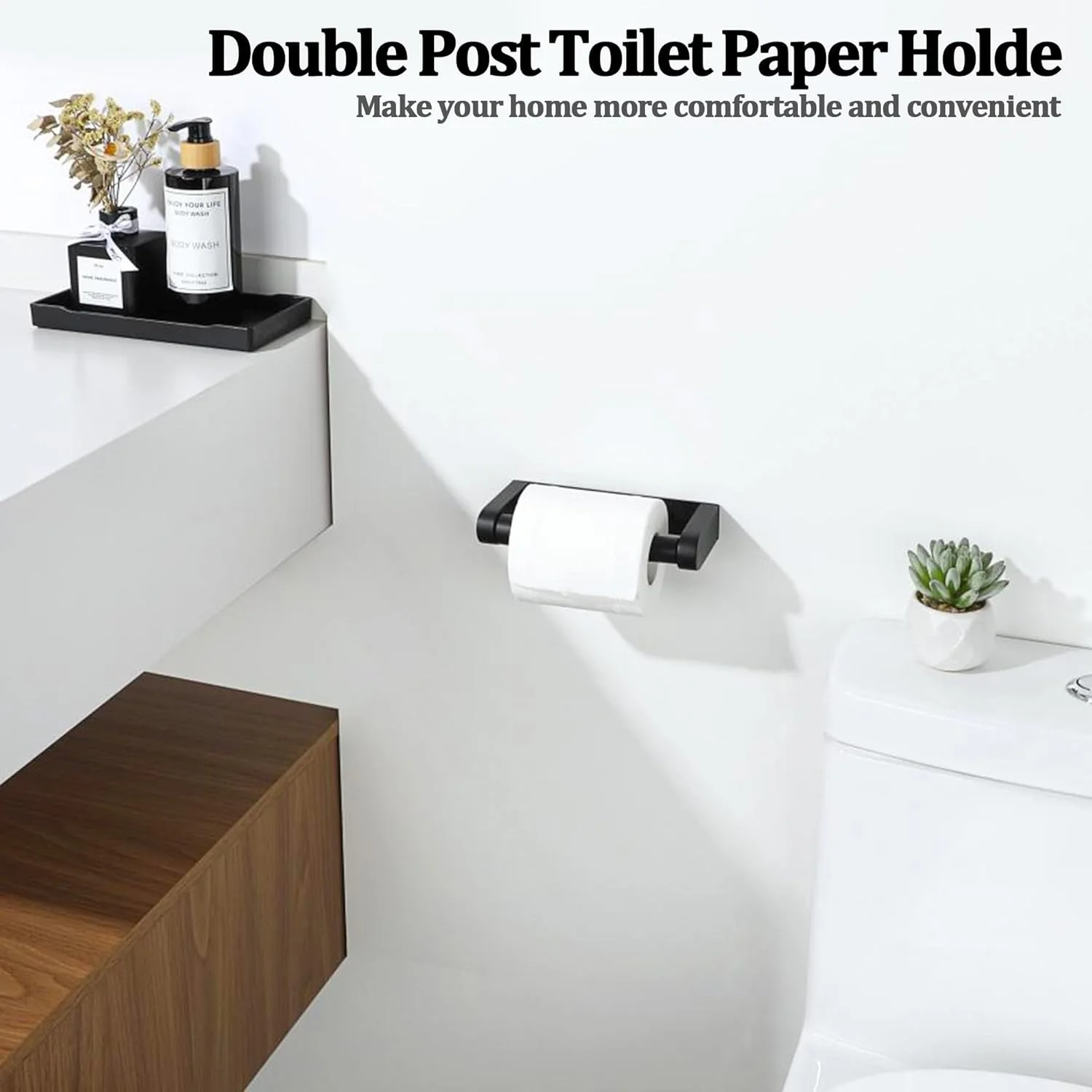 جا دستمال کاغذی استیل 304 موچه، 17.3 سانتی متر، با میله فنری برای دستشویی، 2 روش نصب - چسب یا پیچ با پوشش، مشکی