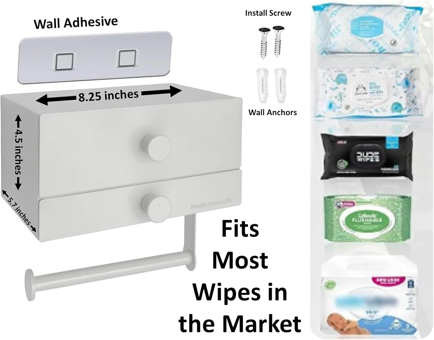 Modernbarn.life 8.25" L x 5.75" T x 4.5" D, Aluminum Double Storage Drawer Toilet Paper Holder, Wipes Dispenser, Shelf, Withe/White Knobs