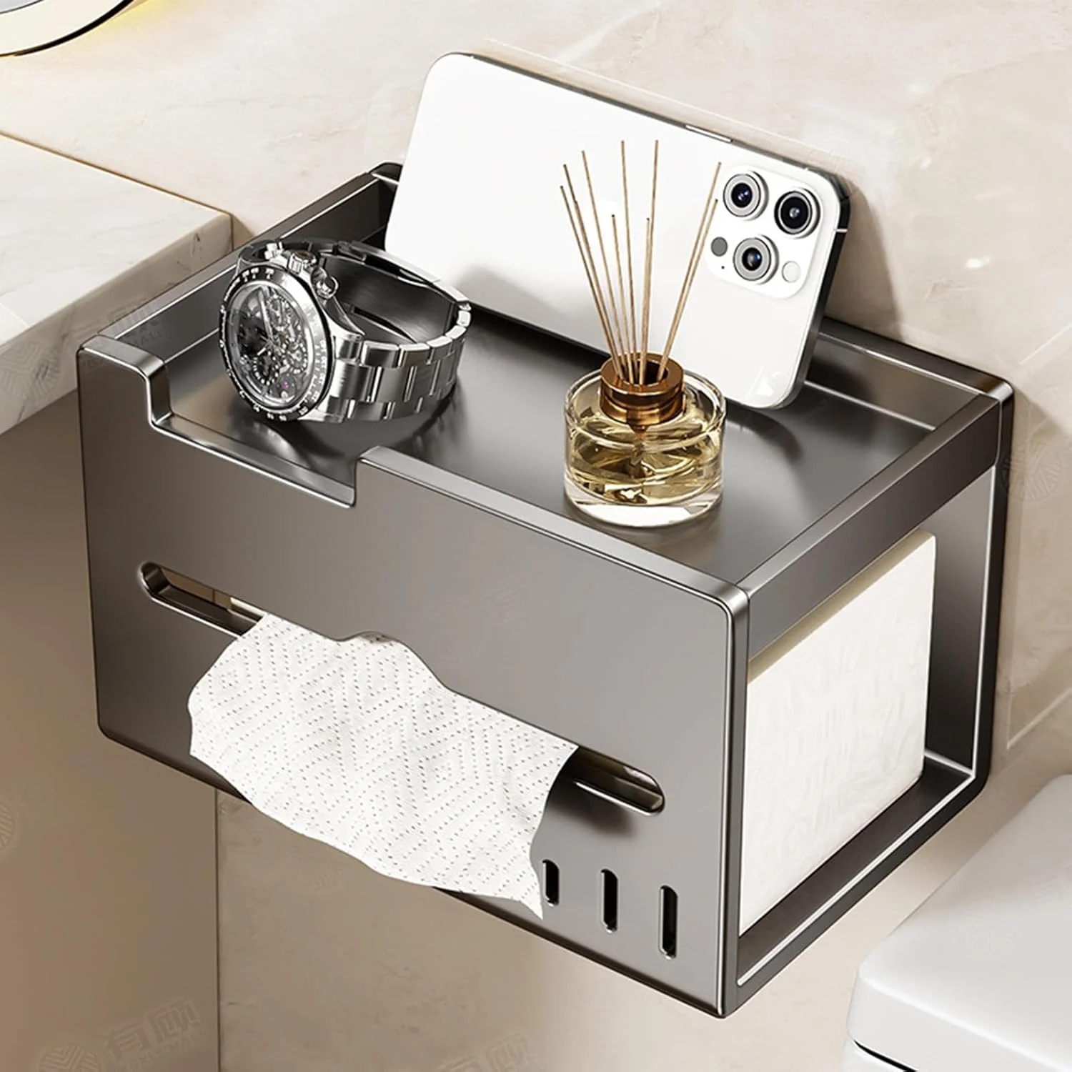 جا دستمال کاغذی مدرن - جا دستمال کاغذی دیواری با قفسه تلفن | پخش کننده دستمال کاغذی آلومینیومی ضد زنگ، سازمان دهنده ذخیره سازی دکور مدرن برای لوازم جانبی حمام آشپزخانه RV