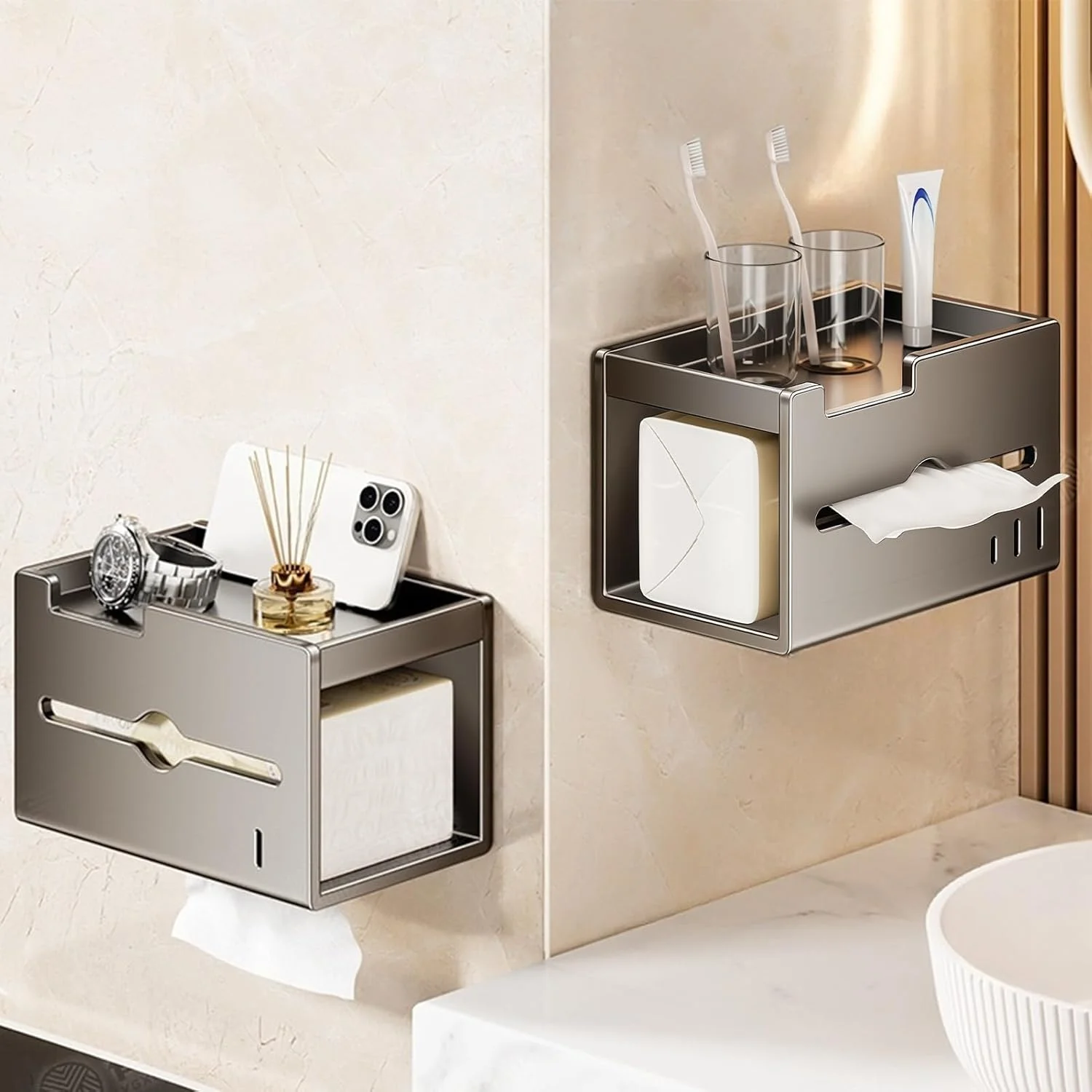 جا دستمال کاغذی مدرن - جا دستمال کاغذی دیواری با قفسه تلفن | پخش کننده دستمال کاغذی آلومینیومی ضد زنگ، سازمان دهنده ذخیره سازی دکور مدرن برای لوازم جانبی حمام آشپزخانه RV