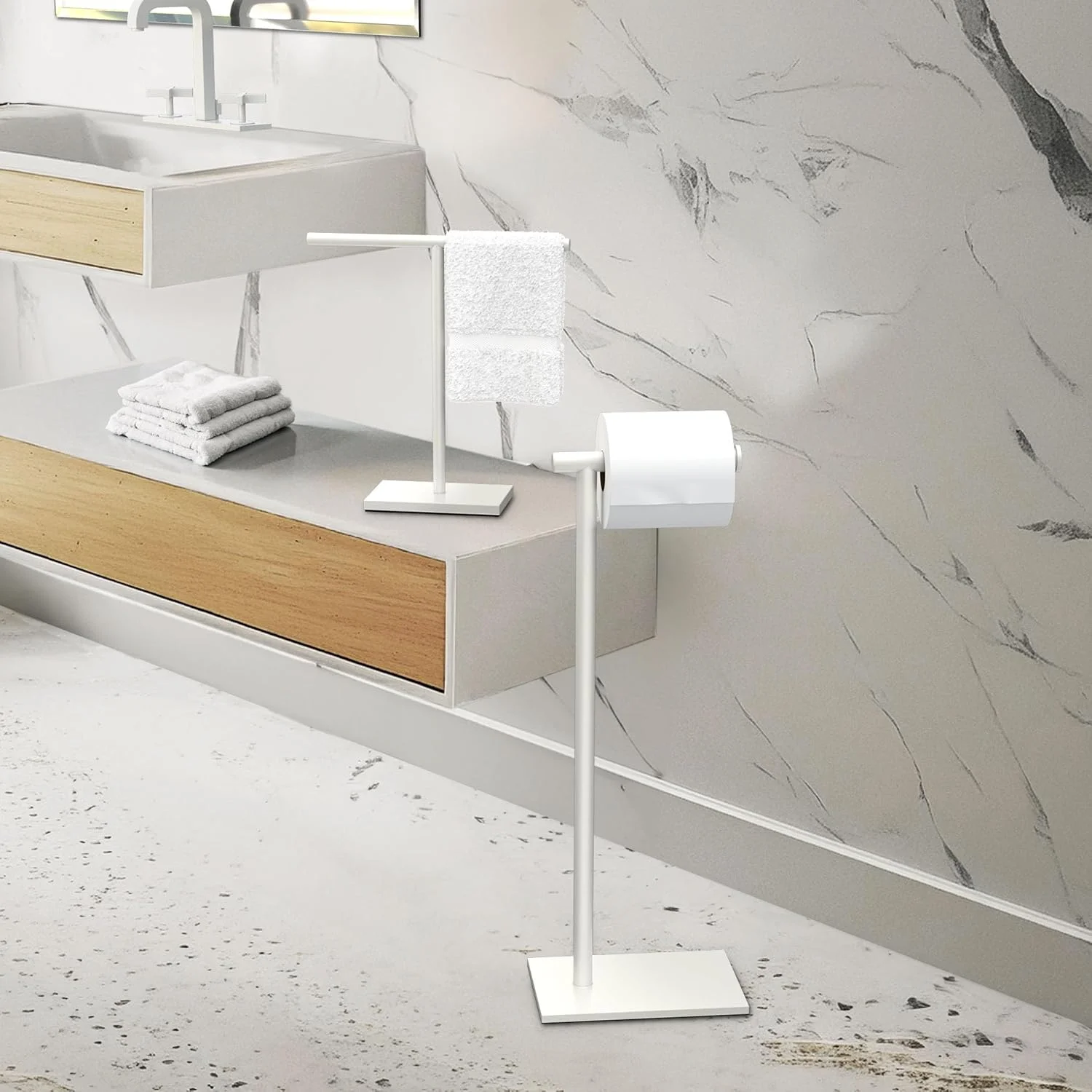 Modern Toilet Paper Holder and Vanity Towel Holder Set, Matte White Freestanding Tissue Holder, Gatco Combo Housewarming Gift