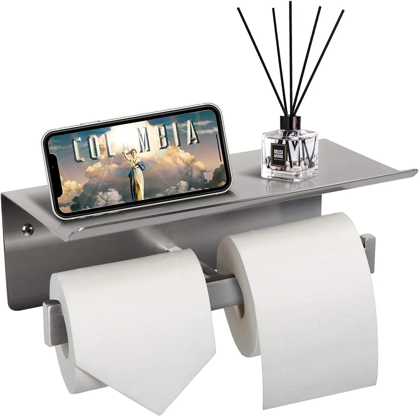 نگهدارنده دستمال توالت MIXDE با قفسه، استیل ضد زنگ، نگهدارنده دو رول دستمال کاغذی توالت، نصب دیواری برای نگهداری تلفن همراه، پخش کننده دستمال توالت تجاری، نیکل برس خورده