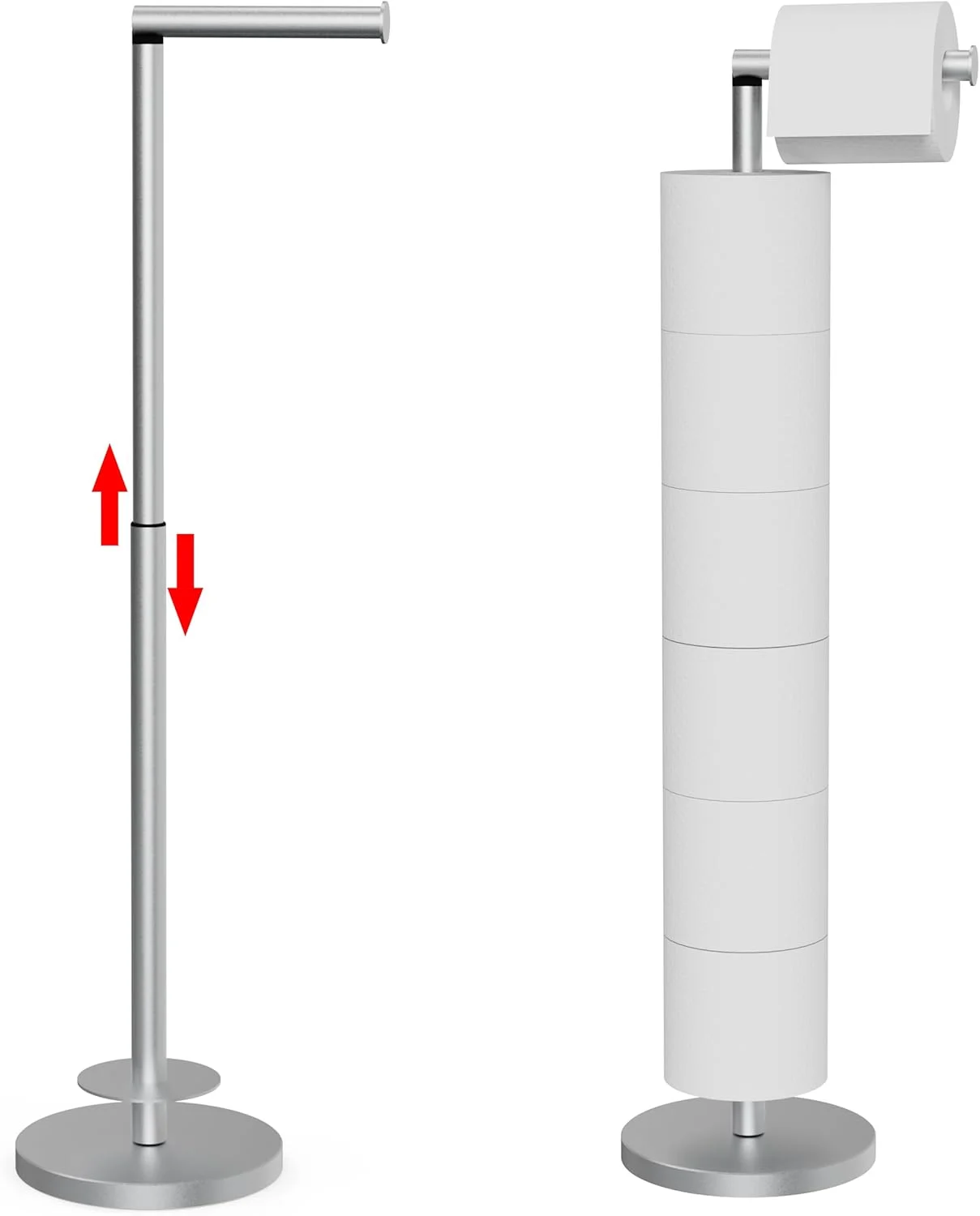 پایه نگهدارنده دستمال توالت MIROAMZ، با قابلیت تنظیم ارتفاع، ذخیره سازی 6 رول اضافی، مناسب برای نگهداری در حمام، ضد زنگ با استیل ضد زنگ SUS304 (نیکل برس خورده)