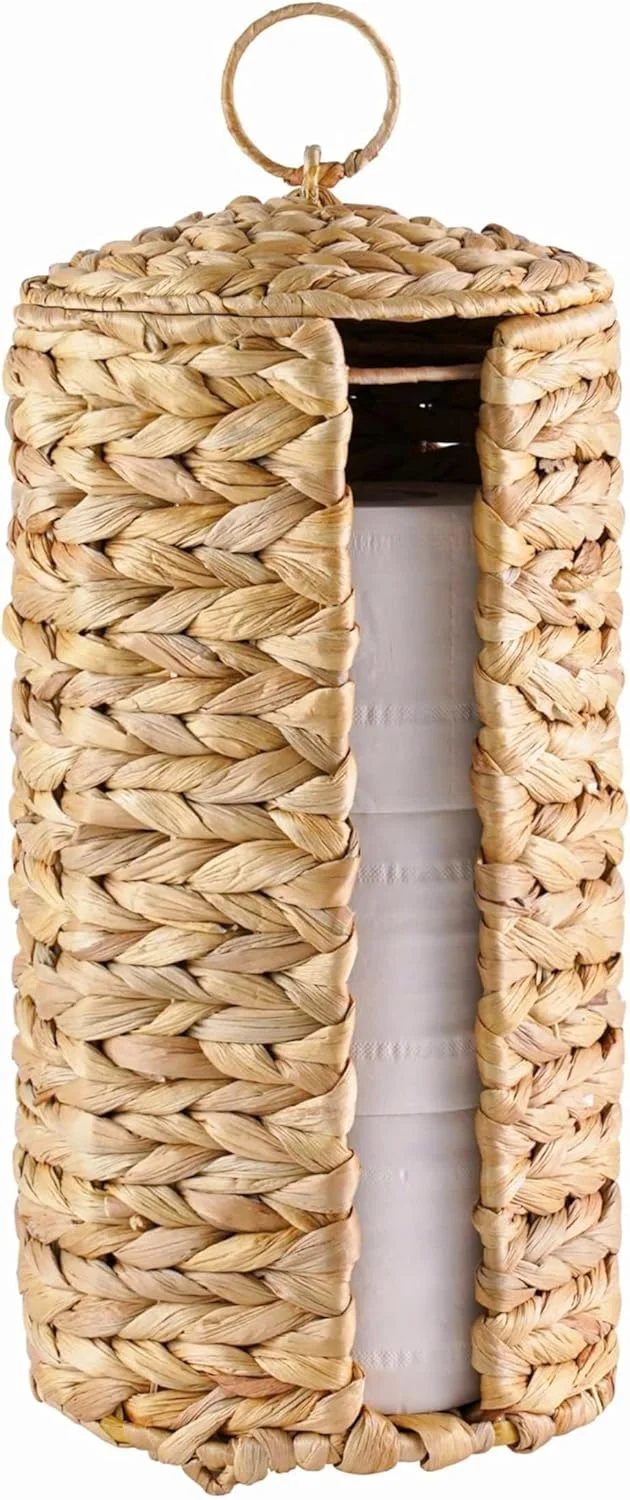 جای دستمال توالت حصیری MINHKUST با درب، نگهدارنده دستمال توالت تا 3 رول بزرگ، سبد دستمال توالت سنبل آبی، سازمان دهنده لوازم جانبی حمام