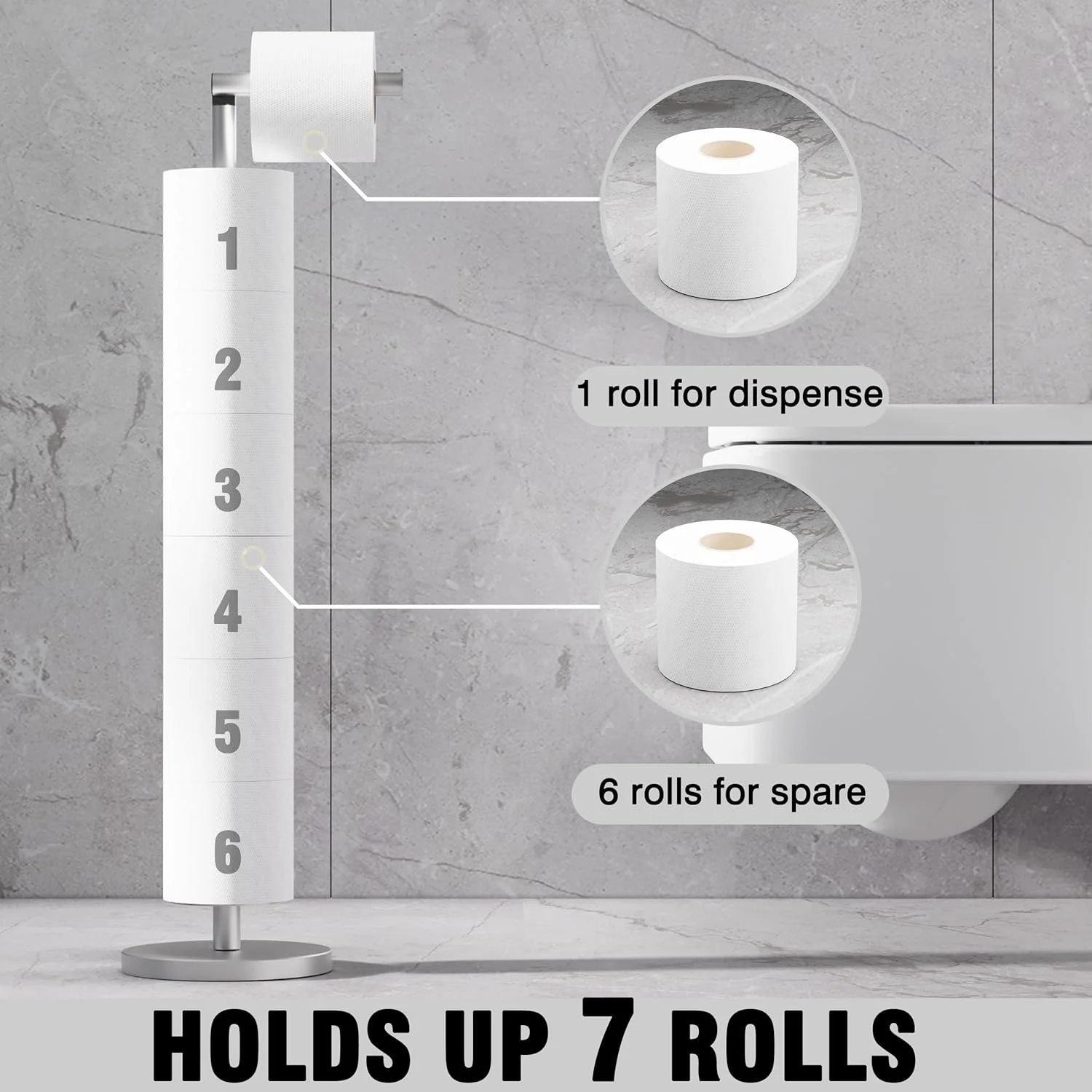 پایه نگهدارنده دستمال توالت MIROAMZ، با قابلیت تنظیم ارتفاع، ذخیره سازی 6 رول اضافی، مناسب برای نگهداری در حمام، ضد زنگ با استیل ضد زنگ SUS304 (نیکل برس خورده)