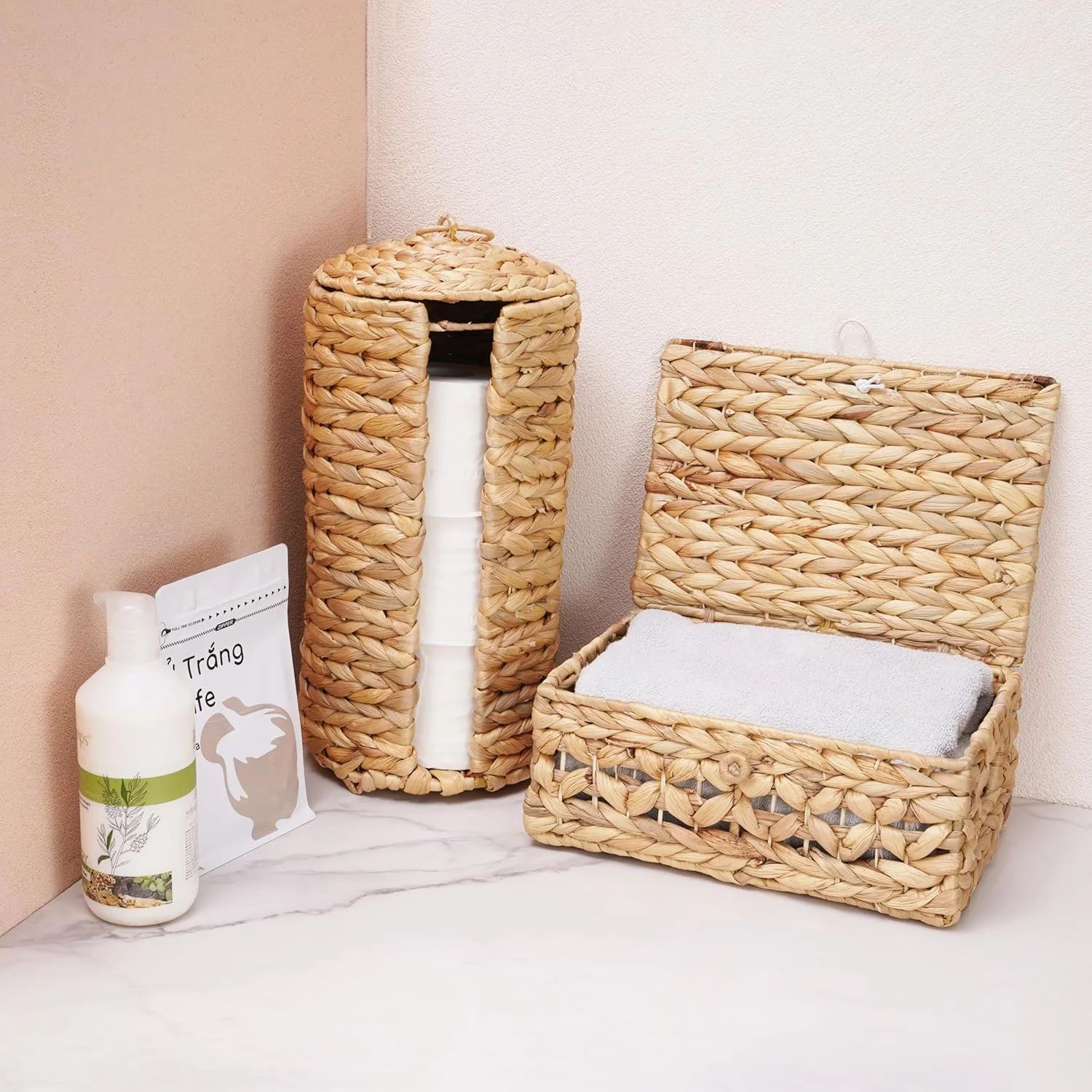 جای دستمال توالت حصیری MINHKUST با درب، نگهدارنده دستمال توالت تا 3 رول بزرگ، سبد دستمال توالت سنبل آبی، سازمان دهنده لوازم جانبی حمام جای دستمال توالت حصیری MINHKUST با درب، نگهدارنده دستمال توالت تا 3 رول بزرگ، سبد دستمال توالت سنبل آبی، سازمان دهنده لوازم جانبی حمام