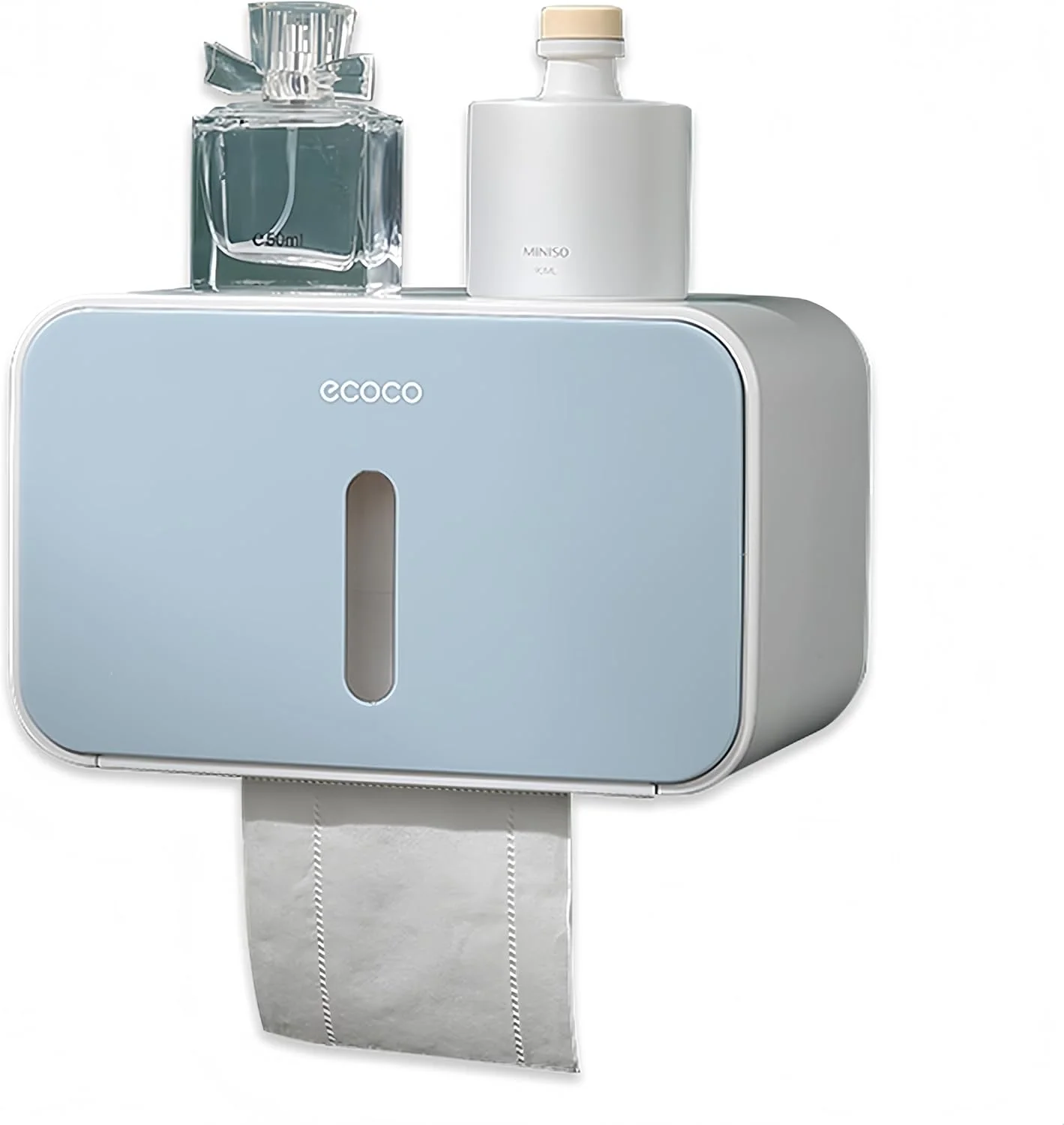 جا دستمال کاغذی دیواری MeiYiJia با قفسه ذخیره سازی، خود چسب بدون نیاز به سوراخ کاری: نصب و راه اندازی حمام با ضد آب و ضد گرد و غبار (آبی)