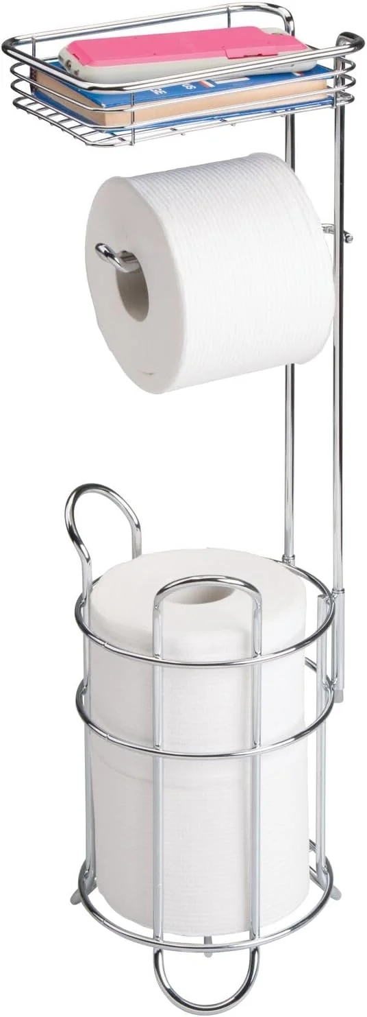 جا دستمال توالت ایستاده فلزی ام دیزاین با قفسه نگهداری برای تلفن همراه - سازمان دهنده لوازم بهداشتی حمام - ظرفیت 3 رول بزرگ - کروم