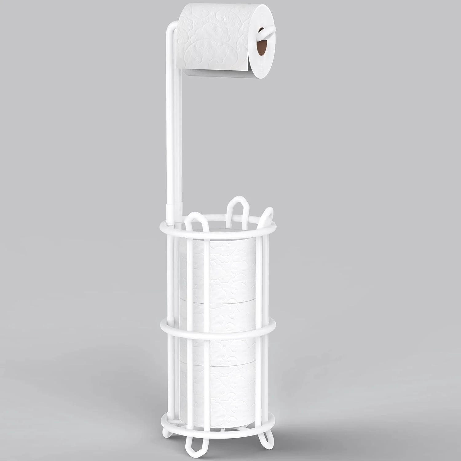 جا دستمال کاغذی ایستاده Meangood و توزیع کننده رول دستمال کاغذی برای 4 رول بزرگ، قفسه نگهدارنده رول دستمال کاغذی ایستاده حمام، سیم فلزی سفید