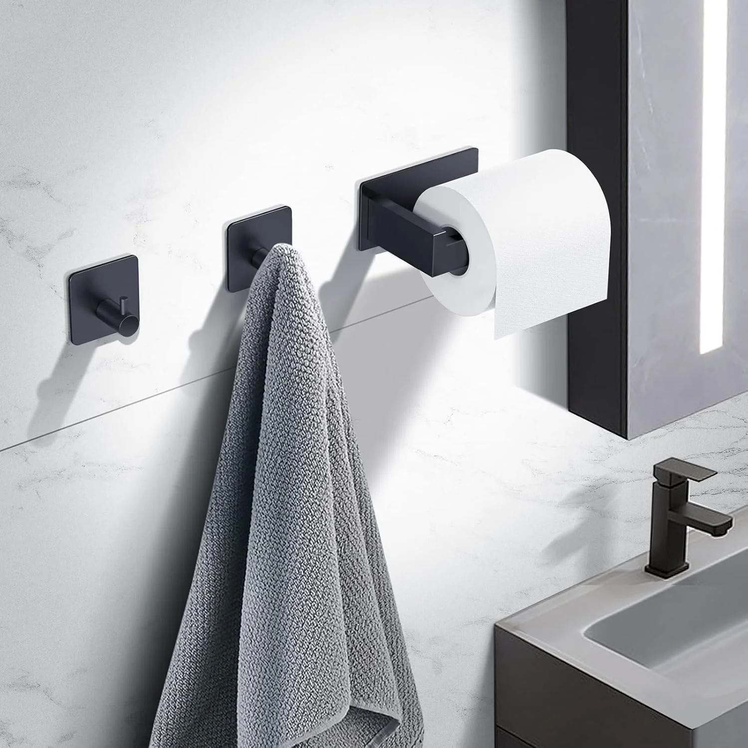 جا دستمال توالت Maudzlan، بدون نیاز به سوراخکاری، جا دستمال کاغذی خودچسب، جا رولی دستمال توالت استیل ضد زنگ با 2 عدد قلاب حوله برای حمام و آشپزخانه (مشکی)