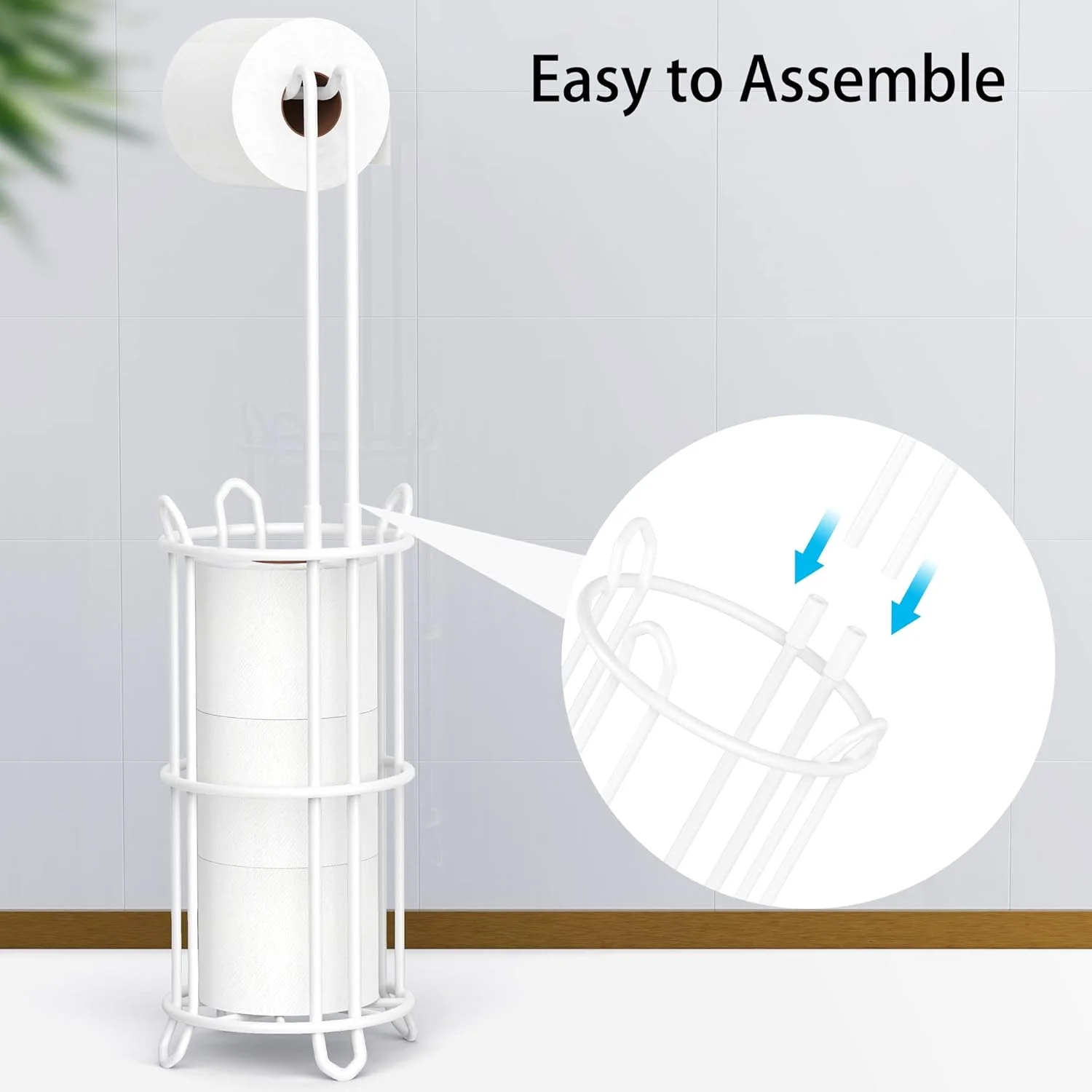 جا دستمال کاغذی ایستاده Meangood و توزیع کننده رول دستمال کاغذی برای 4 رول بزرگ، قفسه نگهدارنده رول دستمال کاغذی ایستاده حمام، سیم فلزی سفید