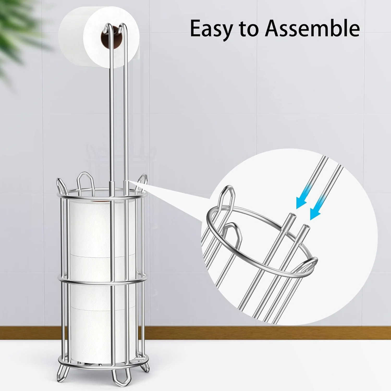 جا دستمال کاغذی ایستاده Meangood و پخش کننده رول دستمال کاغذی برای 4 رول بزرگ، قفسه نگهدارنده رول دستمال کاغذی فلزی نقره ای