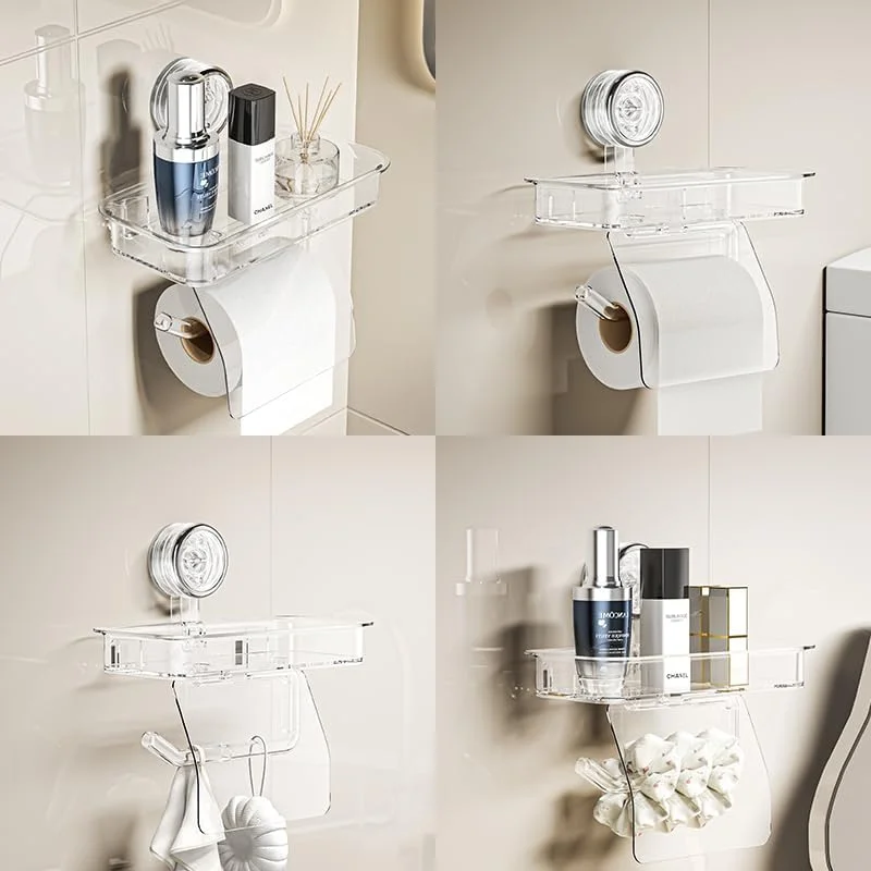 جا دستمال کاغذی رولی LyrithmGlited با قفسه، جا دستمال کاغذی رولی متحرک و قابل استفاده مجدد، نصب با فنجان مکنده، جا دستمال کاغذی بدون نیاز به سوراخ کاری برای حمام و آشپزخانه