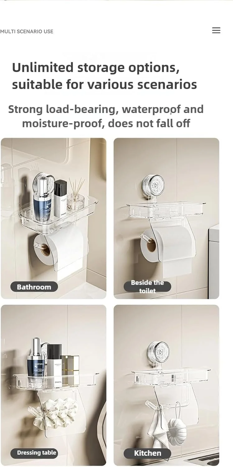 جا دستمال کاغذی رولی LyrithmGlited با قفسه، جا دستمال کاغذی رولی متحرک و قابل استفاده مجدد، نصب با فنجان مکنده، جا دستمال کاغذی بدون نیاز به سوراخ کاری برای حمام و آشپزخانه