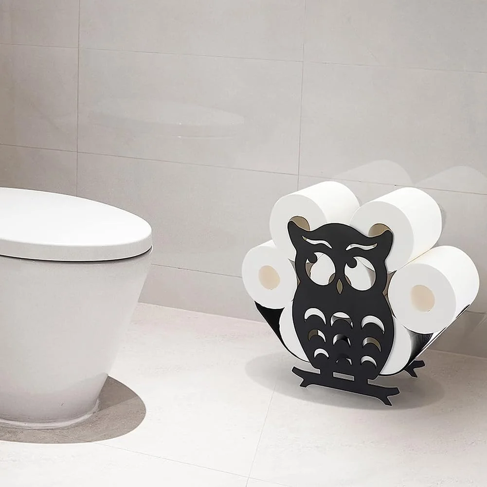 جا دستمال کاغذی طرح جغد لوس‌ام‌ام، نگهدارنده رول توالت فلزی ایستاده/نصب‌دیواری، سازمان‌دهنده آهنی، دکور هنری دیواری اتاق پودر، آشپزخانه، حمام مشکی