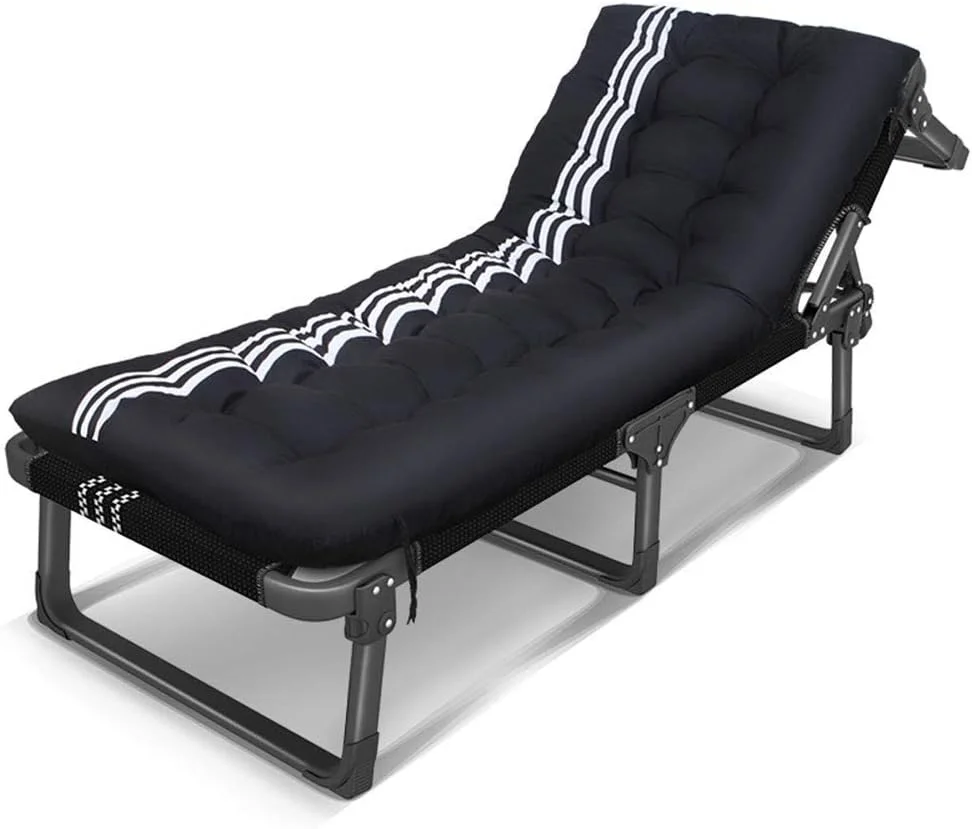 صندلی تاشو یک نفره TANGYI، تخت استراحت اداری، تخت خواب نیمروزی، صندلی پشتی، تخت تاشو قابل حمل، تخت ساحلی مشکی، حداکثر تحمل وزن 200 کیلوگرم (رنگ: تشک نخی راه راه سفید)