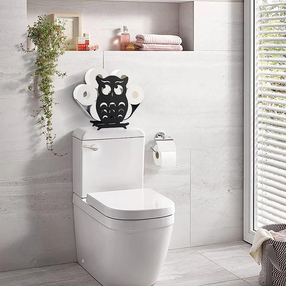 جا دستمال کاغذی طرح جغد لوس‌ام‌ام، نگهدارنده رول توالت فلزی ایستاده/نصب‌دیواری، سازمان‌دهنده آهنی، دکور هنری دیواری اتاق پودر، آشپزخانه، حمام مشکی