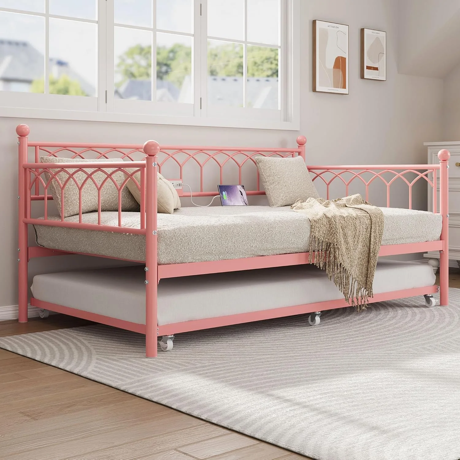 تخت خواب گاروی با تختخواب کشویی، تخت فلزی دو نفره با ایستگاه شارژ و چراغ های LED، قاب تخت مبل با تخت بیرون کشویی برای اتاق نشیمن، اتاق مهمان، آپارتمان، فضاهای کوچک، صورتی تخت خواب گاروی با تختخواب کشویی، تخت فلزی دو نفره با ایستگاه شارژ و چراغ های LED، قاب تخت مبل با تخت بیرون کشویی برای اتاق نشیمن، اتاق مهمان، آپارتمان، فضاهای کوچک، صورتی