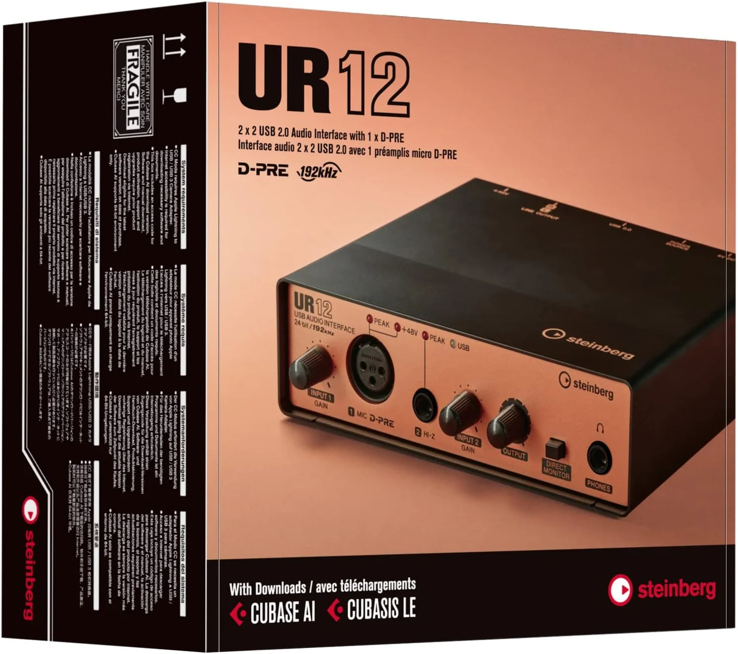 کارت صدای USB استاینبرگ UR12 Black Edition با صدای حرفه ای (شامل Cubase AI و Cubasis LE، رزولوشن صوتی 24 بیت/192 کیلوهرتز، مانیتورینگ سخت افزاری بدون تاخیر)