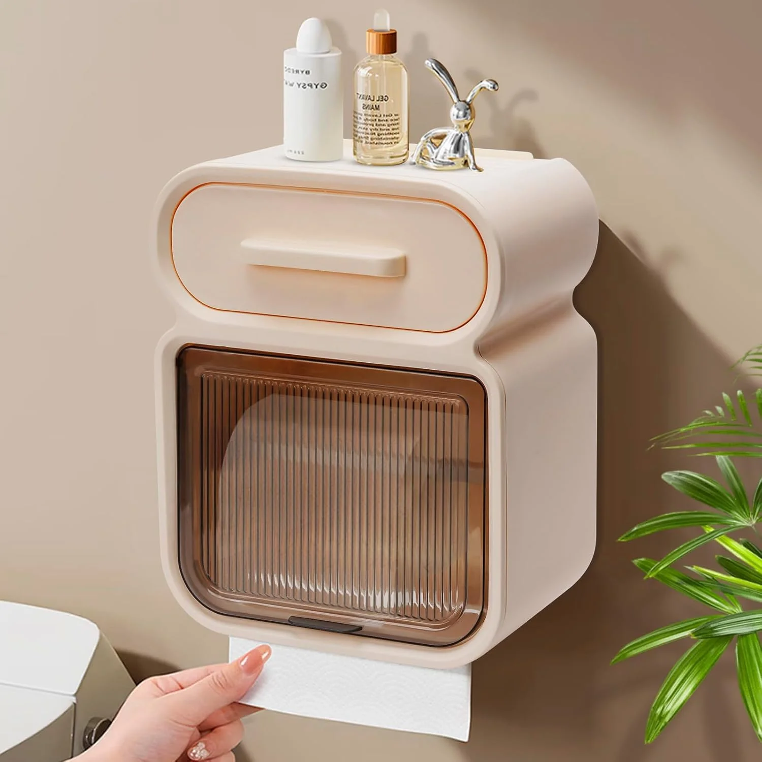 جا دستمال کاغذی دیواری چند منظوره Libershine با کشو، جا دستمال کاغذی بدون نیاز به سوراخ کاری با پنجره دیداری، مناسب برای سرویس بهداشتی با محافظت ضد آب و ضد گرد و غبار