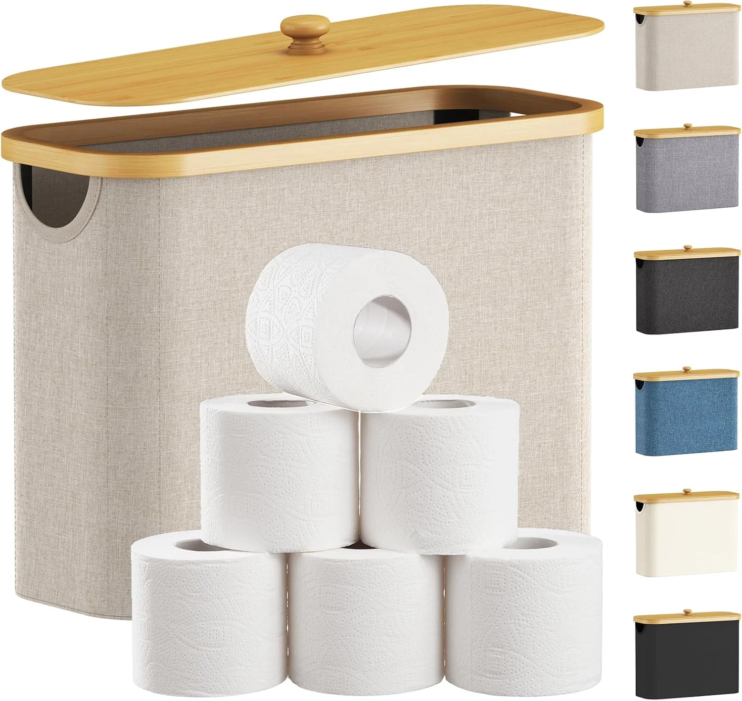 Lifewit 23L Toilet Paper Storage Holder for 9 to 12 Rolls, Free Standing Toilet Paper Basket Stand with Bamboo Lid, Collapsible Fabric Bathroom Organizer Box for Mega Rolls, Large, Beige