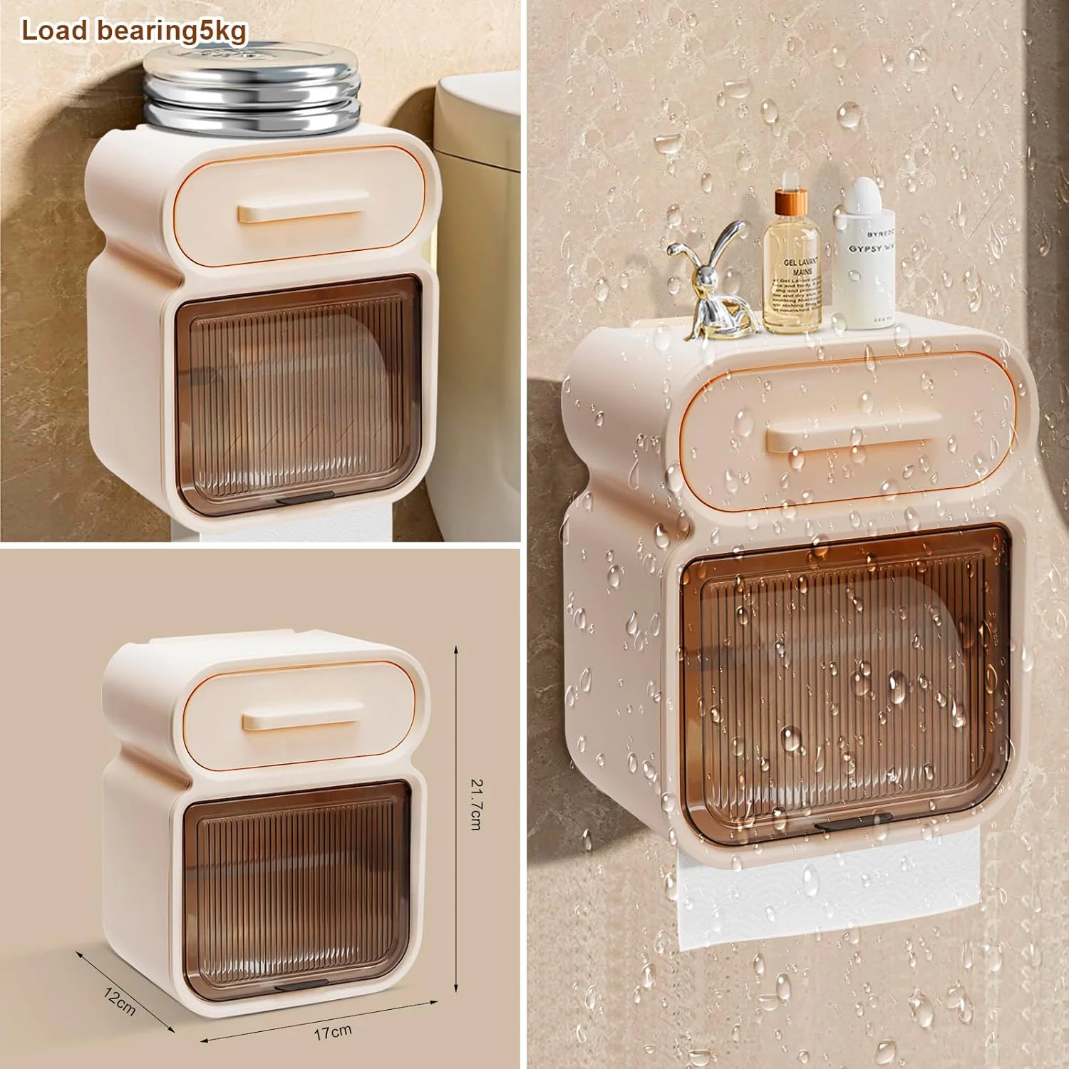 جا دستمال کاغذی دیواری چند منظوره Libershine با کشو، جا دستمال کاغذی بدون نیاز به سوراخ کاری با پنجره دیداری، مناسب برای سرویس بهداشتی با محافظت ضد آب و ضد گرد و غبار