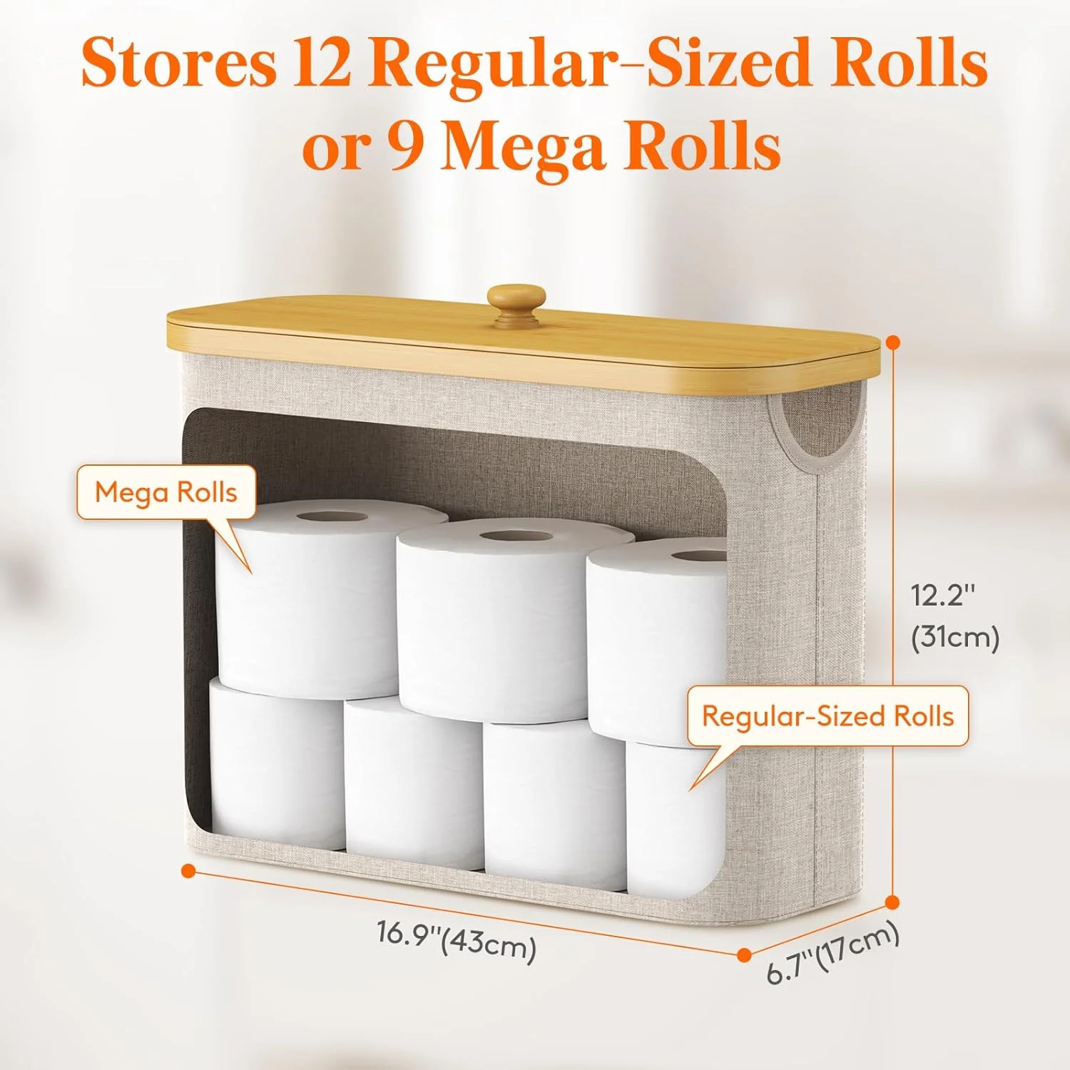 Lifewit 23L Toilet Paper Storage Holder for 9 to 12 Rolls, Free Standing Toilet Paper Basket Stand with Bamboo Lid, Collapsible Fabric Bathroom Organizer Box for Mega Rolls, Large, Beige