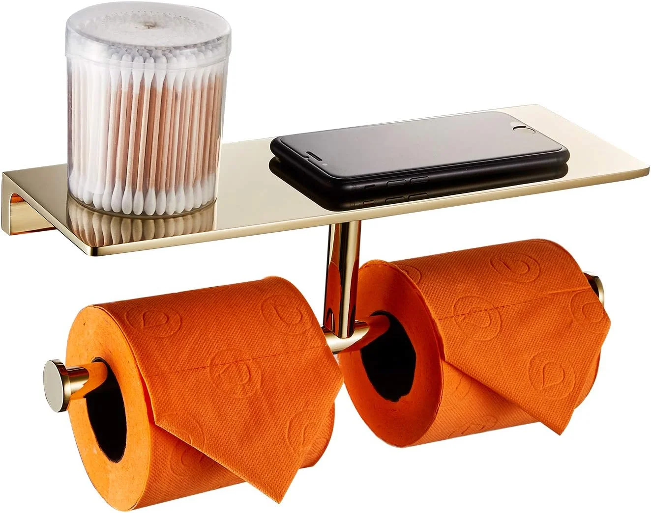 جا دستمال کاغذی دو رولی LANGPAI با قفسه، برنجی جامد و پخش کننده دستمال کاغذی به سبک هتل، روکش طلایی براق